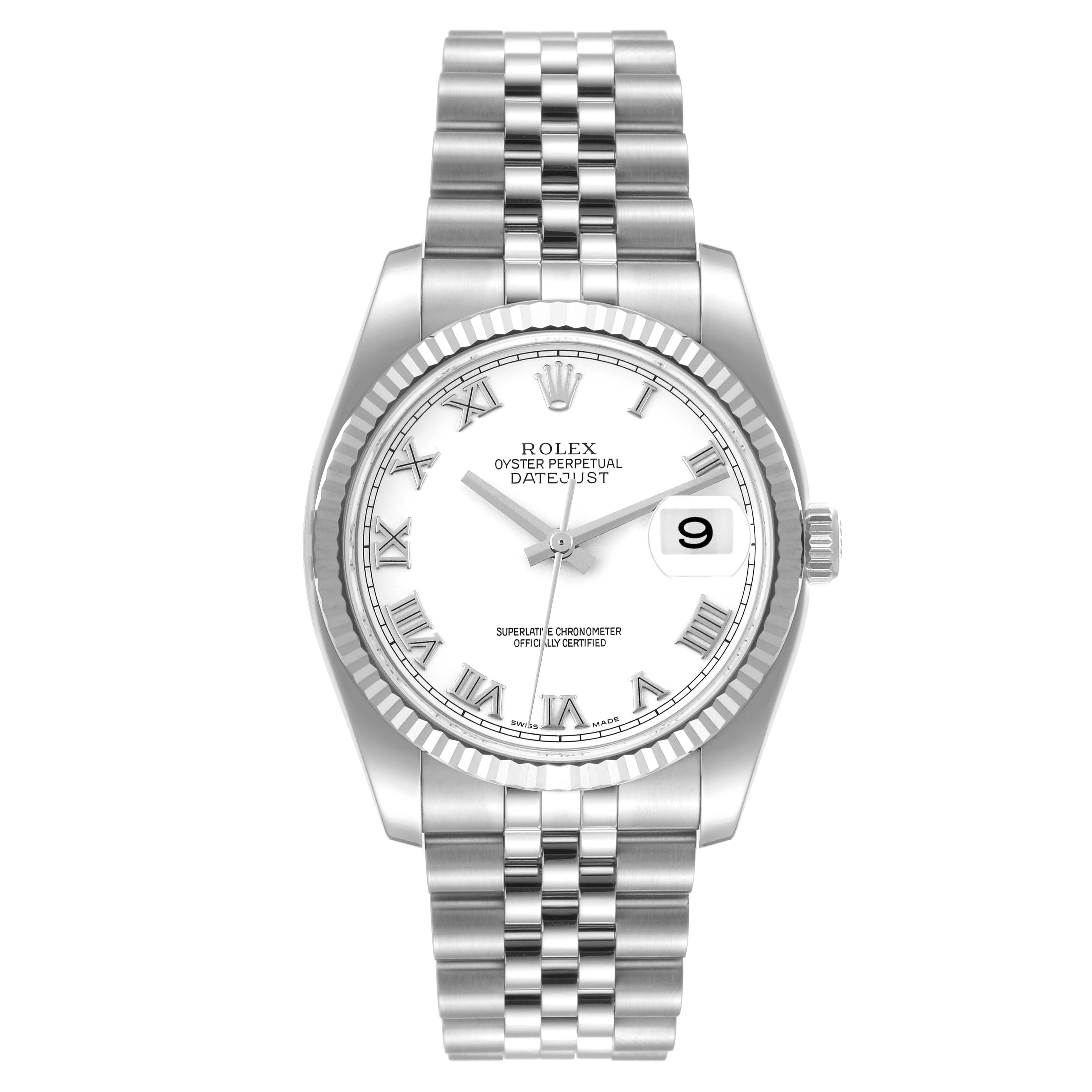 The image shows a frontal view of a Rolex Datejust 116234 Men's Stainless Steel White Dial 116234 Men's Stainless Steel White Dial watch, displaying its face, bezel, crown, and bracelet.