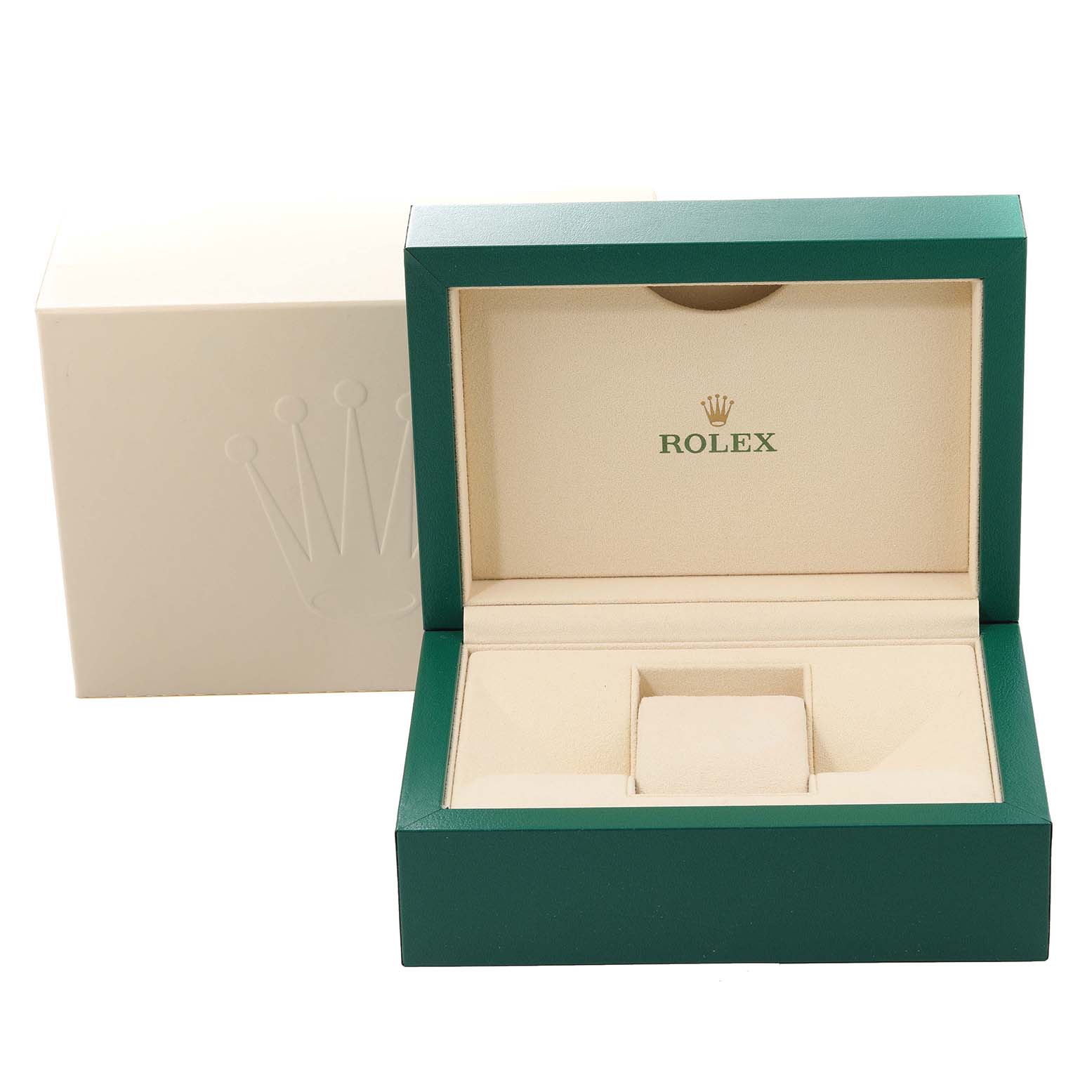 This image shows an open Rolex Datejust 116234 Men's Stainless Steel White Dial 116234 Men's Stainless Steel White Dial watch box at a front angle, revealing the interior with the Rolex logo.