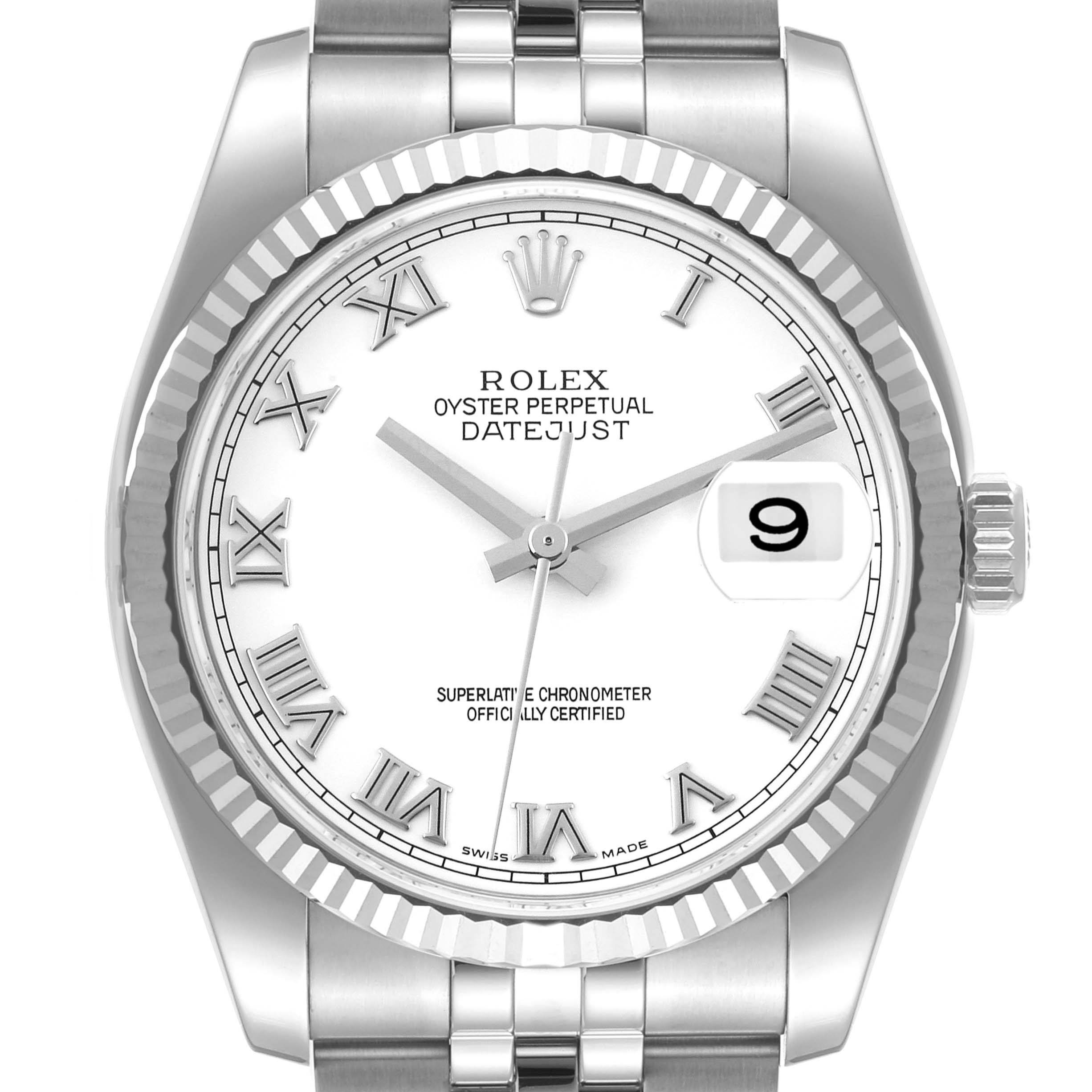 The image shows a front view of the Rolex Datejust 116234 Men's Stainless Steel White Dial 116234 Men's Stainless Steel White Dial watch, highlighting its dial, bezel, crown, and a portion of the bracelet.