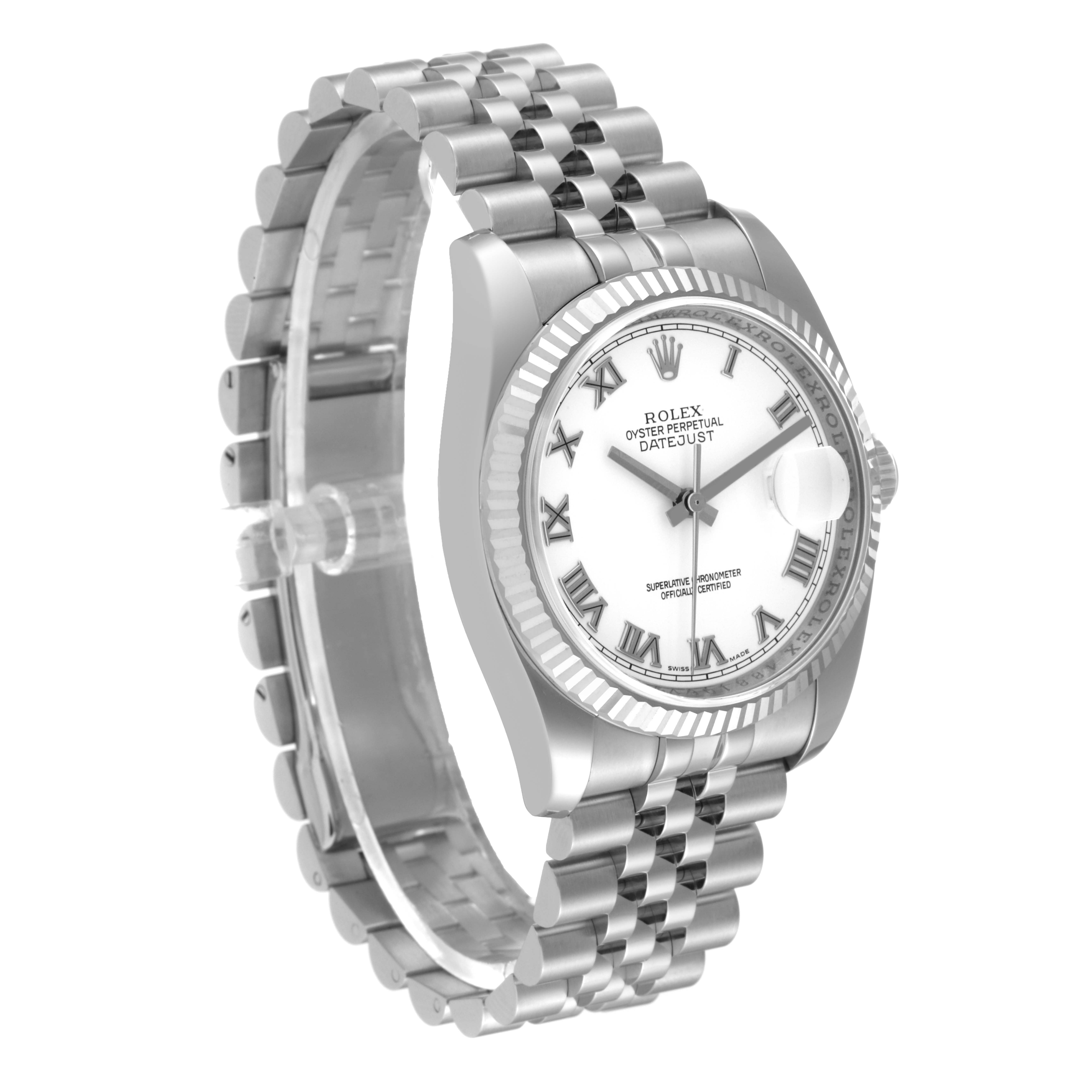 The image shows a Rolex Datejust 116234 Men's Stainless Steel White Dial 116234 Men's Stainless Steel White Dial watch at a slight angle, highlighting its face, fluted bezel, and Jubilee bracelet.