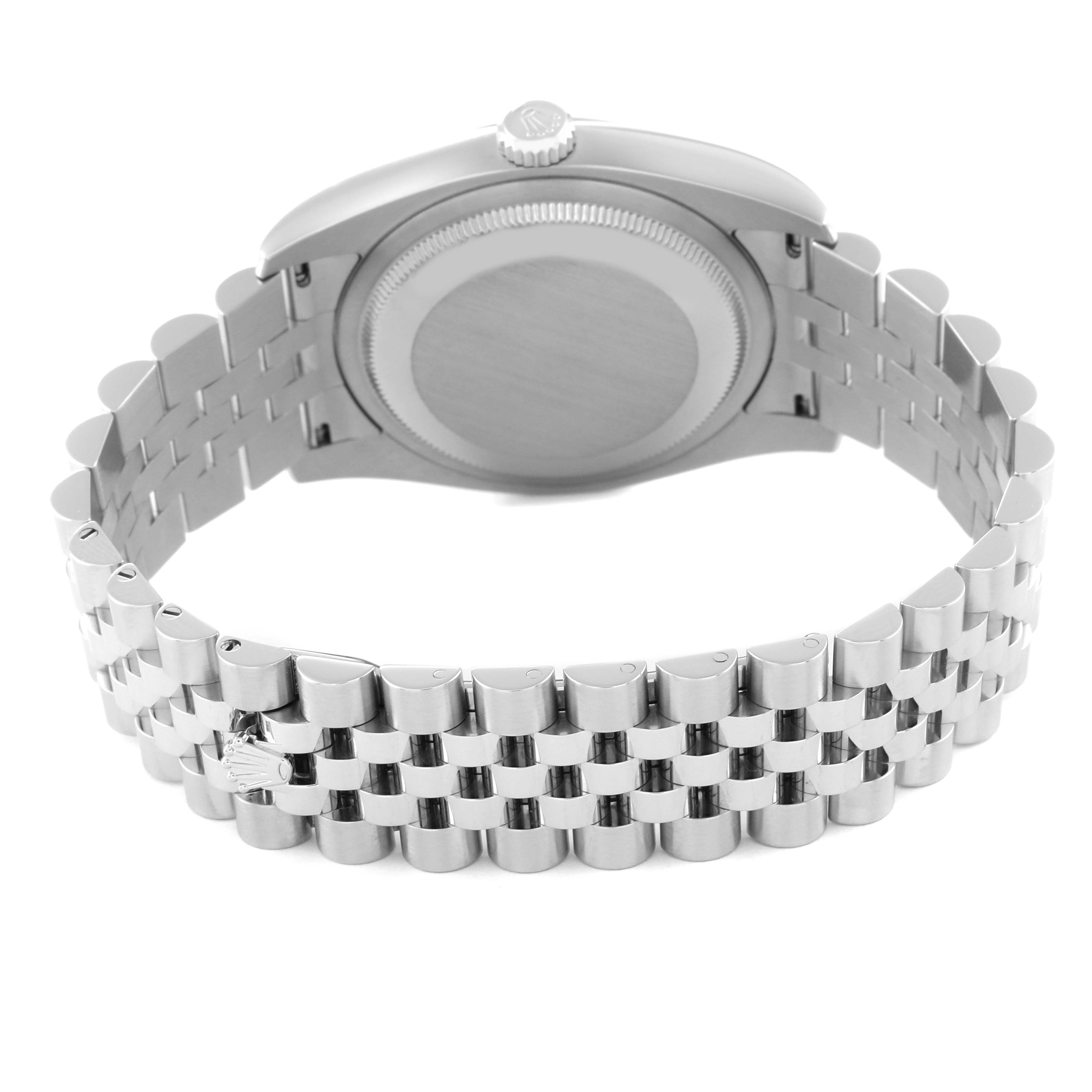 This image shows the back view of the Rolex Datejust 116234 Men's Stainless Steel White Dial 116234 Men's Stainless Steel White Dial watch, highlighting the case back and Jubilee bracelet.