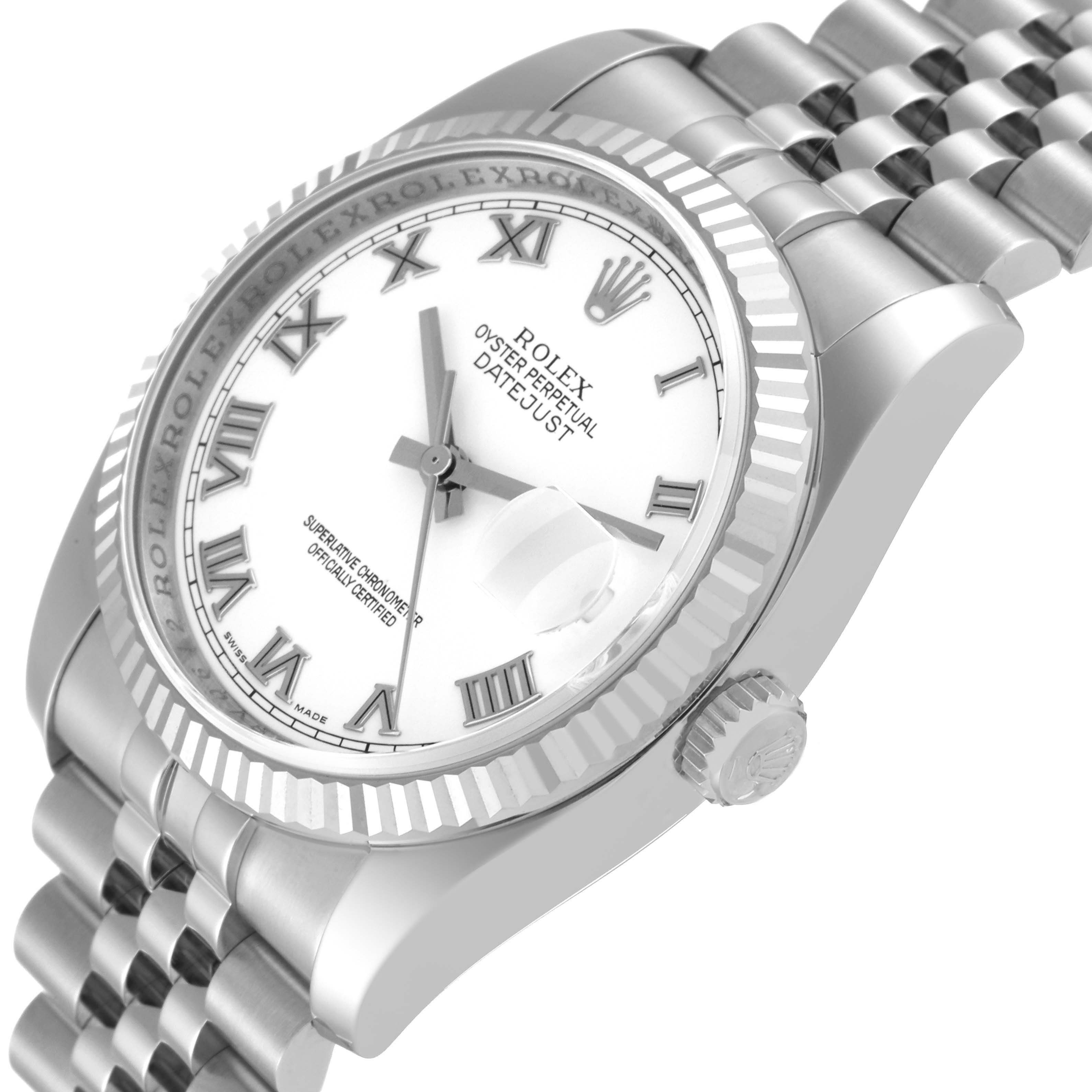 The image shows the face and part of the bracelet of a Rolex Datejust 116234 Men's Stainless Steel White Dial 116234 Men's Stainless Steel White Dial watch at a slightly angled side view.