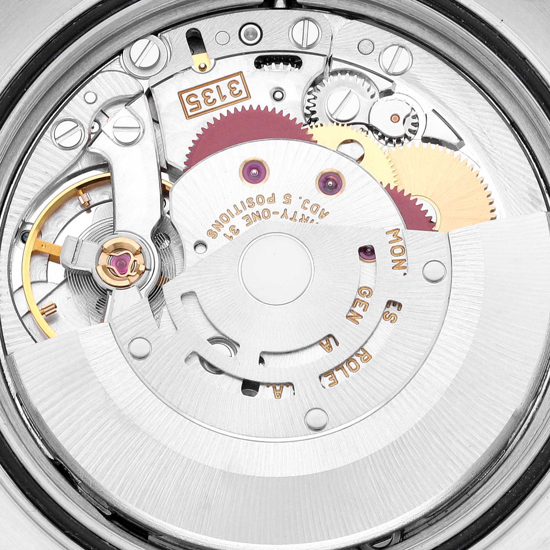 This image shows the internal mechanical movement of a Rolex Datejust 16233 Men's Steel and Gold (two tone) Champagne Dial 16233 Men's Steel and Gold (two tone) Champagne Dial watch from a top-down angle.