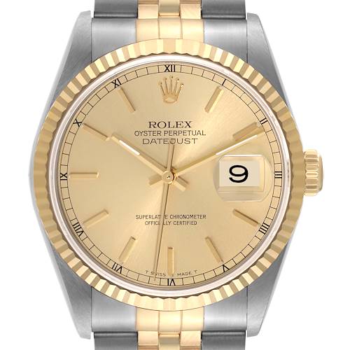 The image shows a front view of a Rolex Datejust watch, highlighting its dial, bezel, and part of the bracelet.