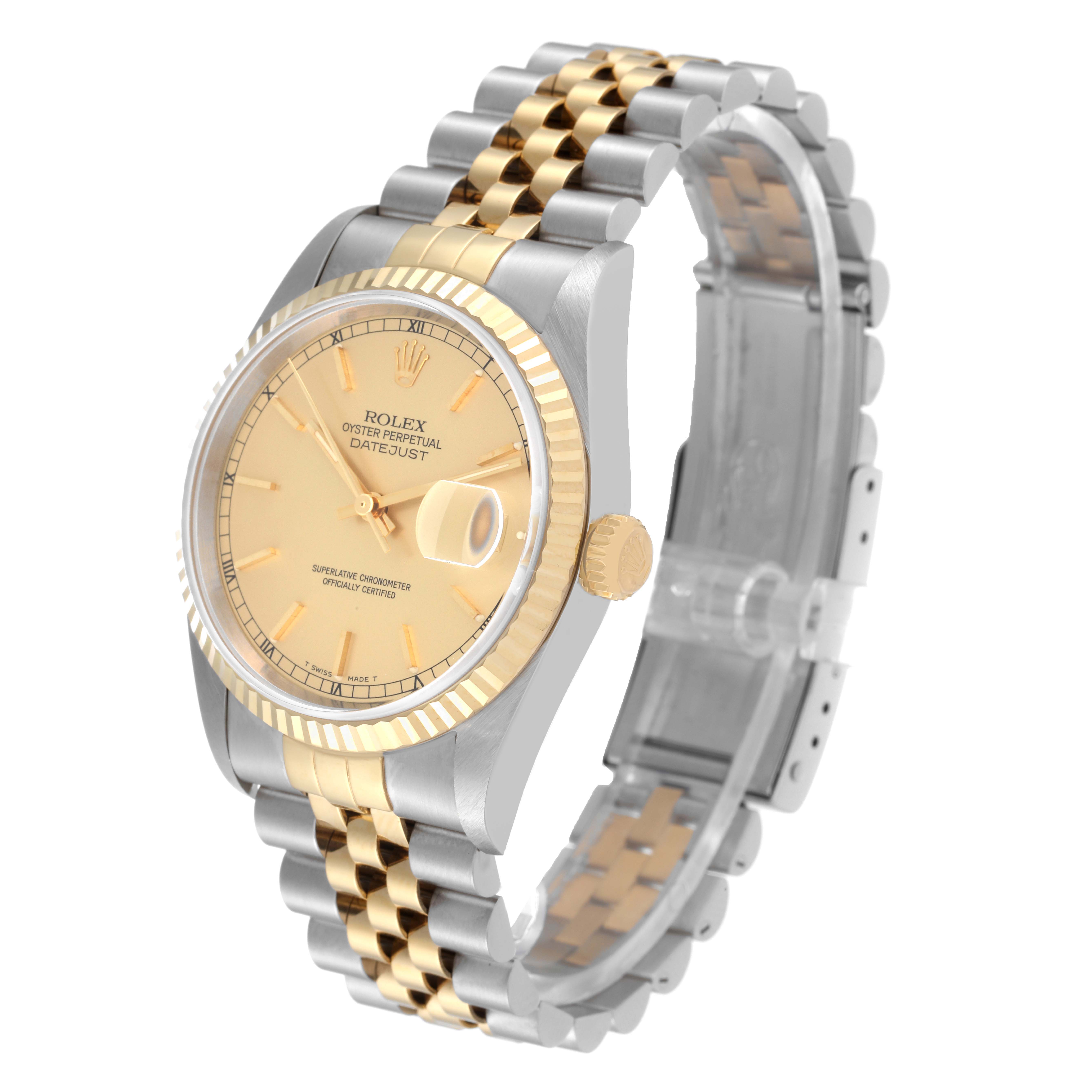 The image displays a Rolex Datejust 16233 Men's Steel and Gold (two tone) Champagne Dial 16233 Men's Steel and Gold (two tone) Champagne Dial watch at a three-quarter angle, highlighting its two-tone bracelet, gold bezel, and champagne dial.
