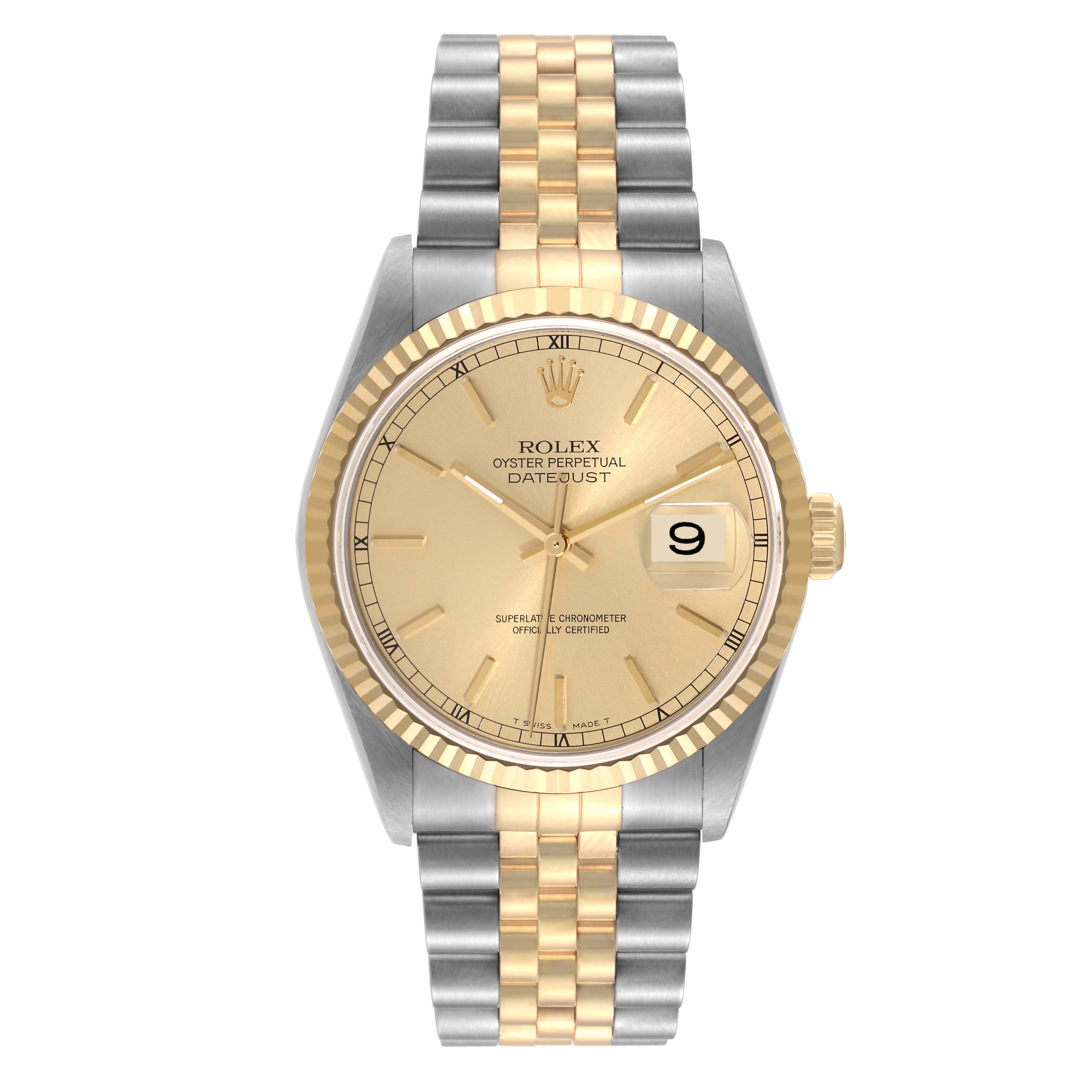 This image shows a Rolex Datejust 16233 Men's Steel and Gold (two tone) Champagne Dial 16233 Men's Steel and Gold (two tone) Champagne Dial watch from a top-down angle, highlighting its gold and silver band, gold face, and fluted bezel.