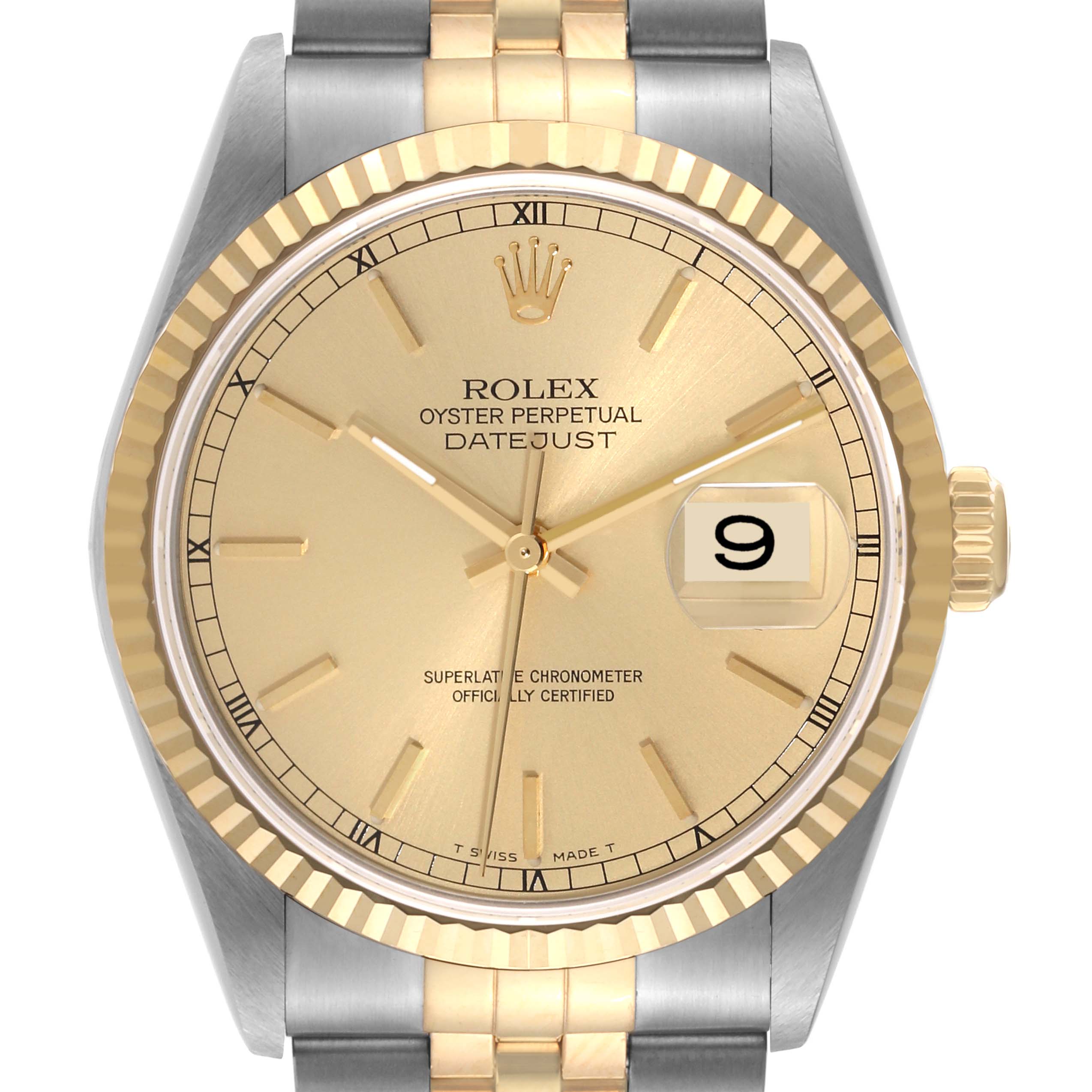 The image shows a Rolex Datejust 16233 Men's Steel and Gold (two tone) Champagne Dial 16233 Men's Steel and Gold (two tone) Champagne Dial watch from a front angle, highlighting its gold and silver dial, fluted bezel, and Jubilee bracelet.
