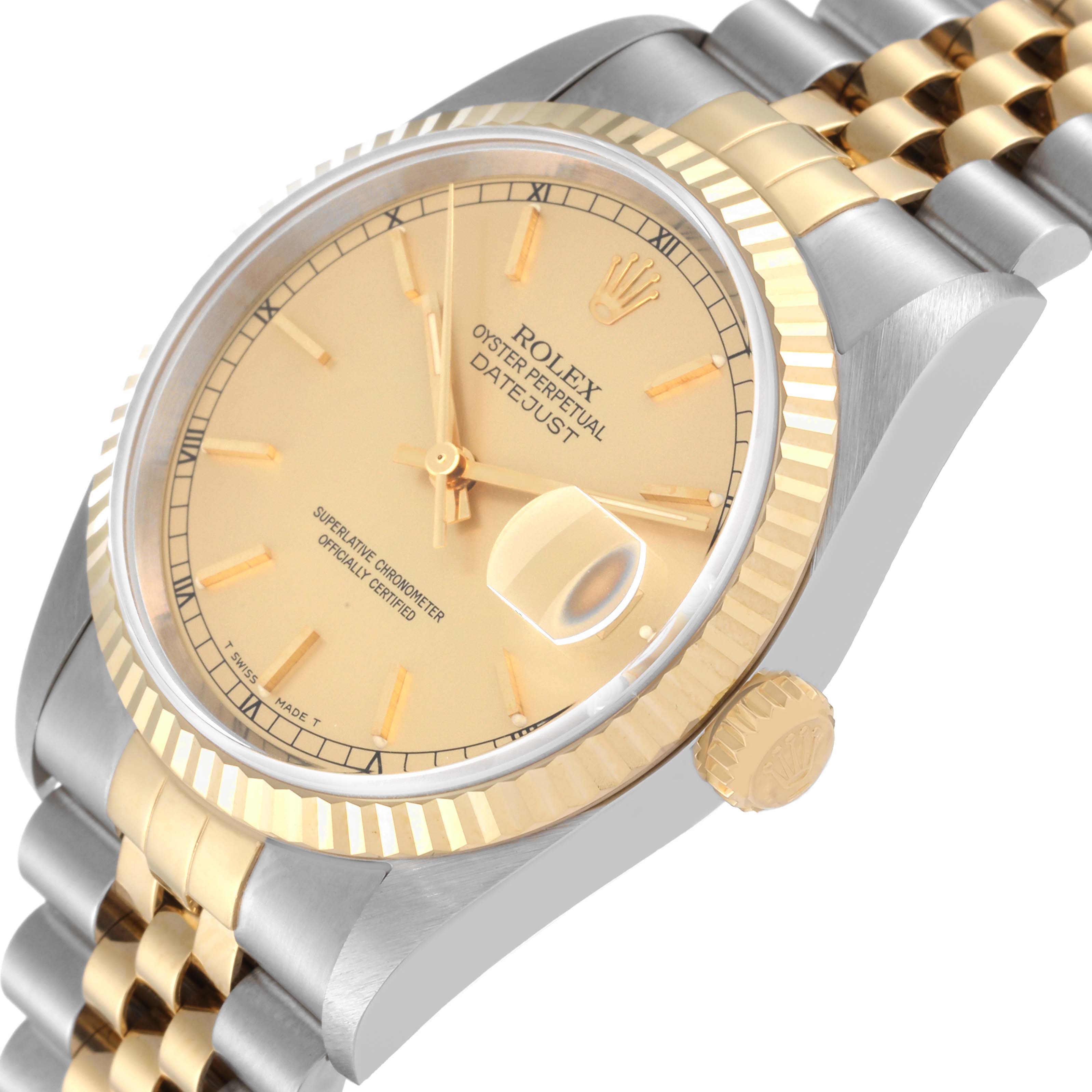 This image shows a side angle of the Rolex Datejust 16233 Men's Steel and Gold (two tone) Champagne Dial 16233 Men's Steel and Gold (two tone) Champagne Dial watch, displaying its gold bezel, face, and two-tone bracelet.
