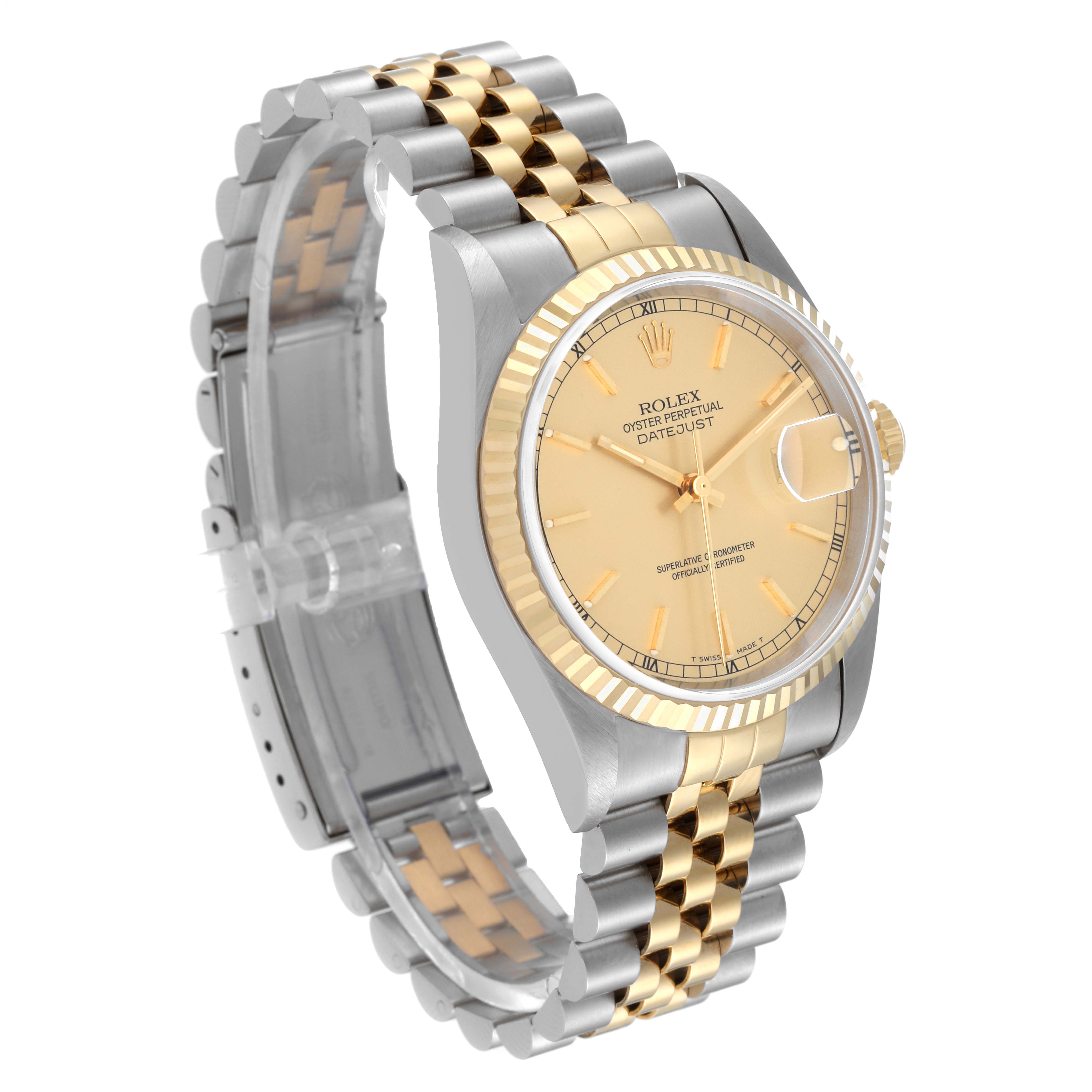 This image shows a Rolex Datejust 16233 Men's Steel and Gold (two tone) Champagne Dial 16233 Men's Steel and Gold (two tone) Champagne Dial watch from a three-quarter angle, highlighting the face, bezel, and jubilee bracelet.