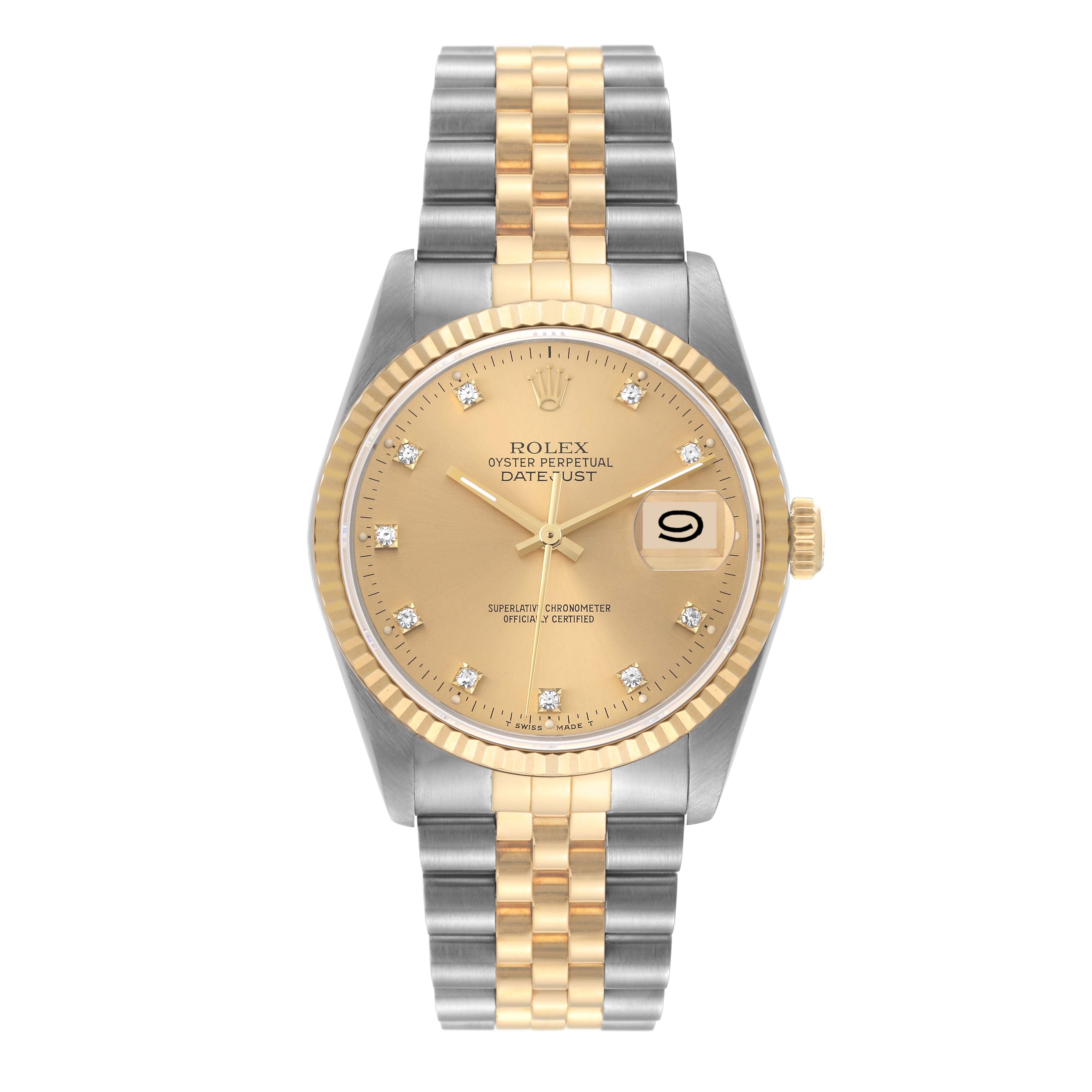 This image shows a Rolex Datejust 16233 Men's Steel and Gold (two tone) Champagne Dial 16233 Men's Steel and Gold (two tone) Champagne Dial watch with a gold and silver Jubilee bracelet, champagne dial, diamond hour markers, and date display.