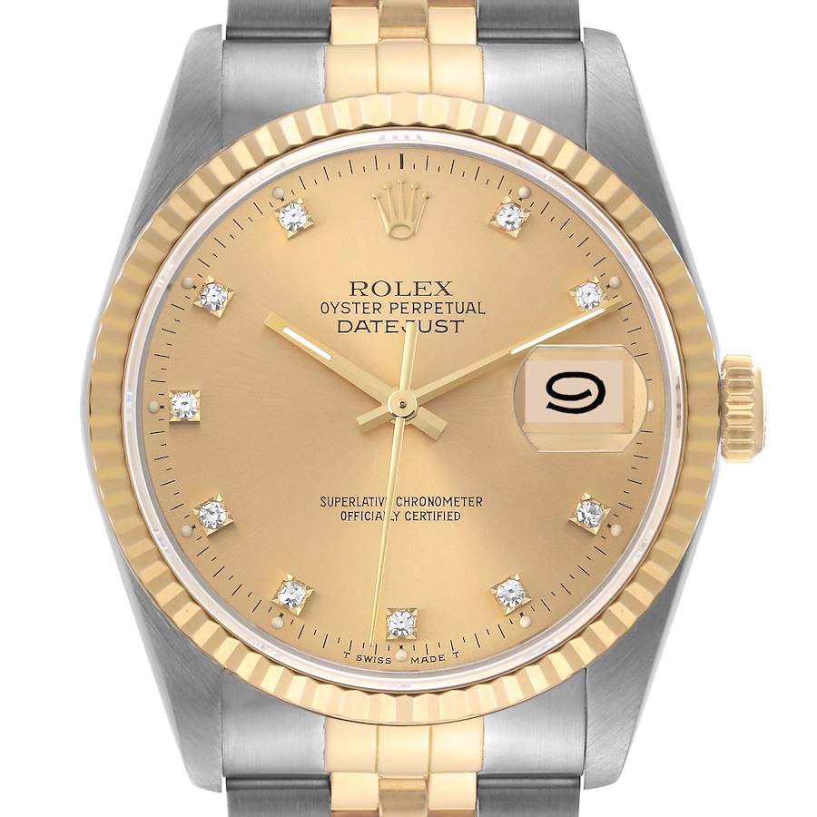 Rolex Datejust Steel Yellow Gold Diamond Dial Mens Watch 16233 SwissWatchExpo