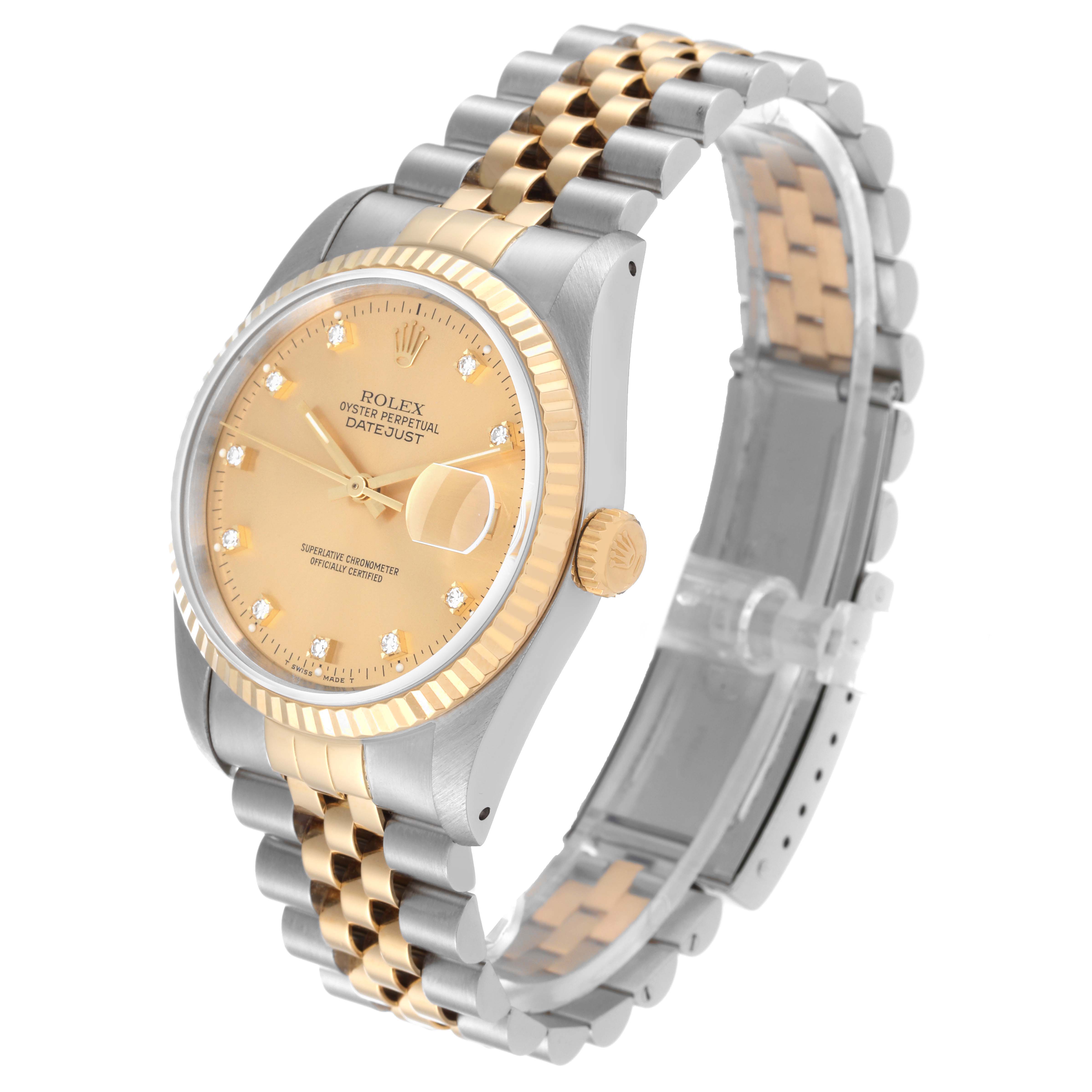 This image shows a side angle of the Rolex Datejust 16233 Men's Steel and Gold (two tone) Champagne Dial 16233 Men's Steel and Gold (two tone) Champagne Dial watch, highlighting the dial, bezel, crown, and two-tone bracelet.