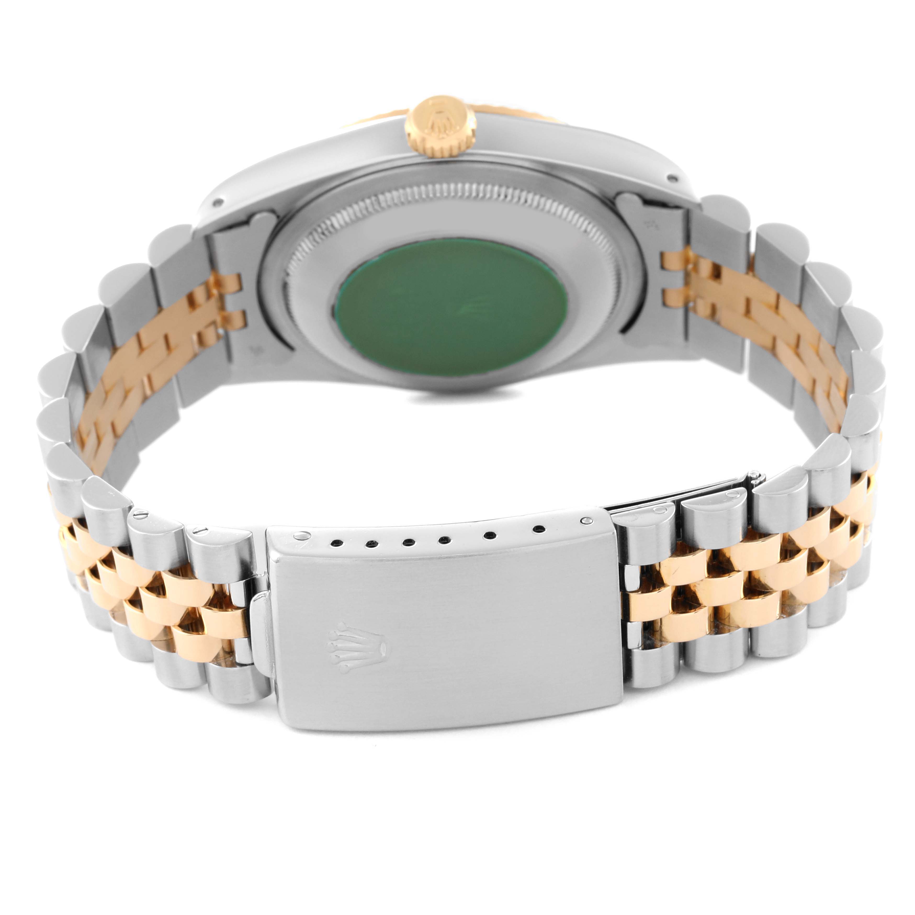 This image of the Rolex Datejust 16233 Men's Steel and Gold (two tone) Beige Dial 16233 Men's Steel and Gold (two tone) Beige Dial watch shows the back case, crown, and two-tone Jubilee bracelet with a clasp.