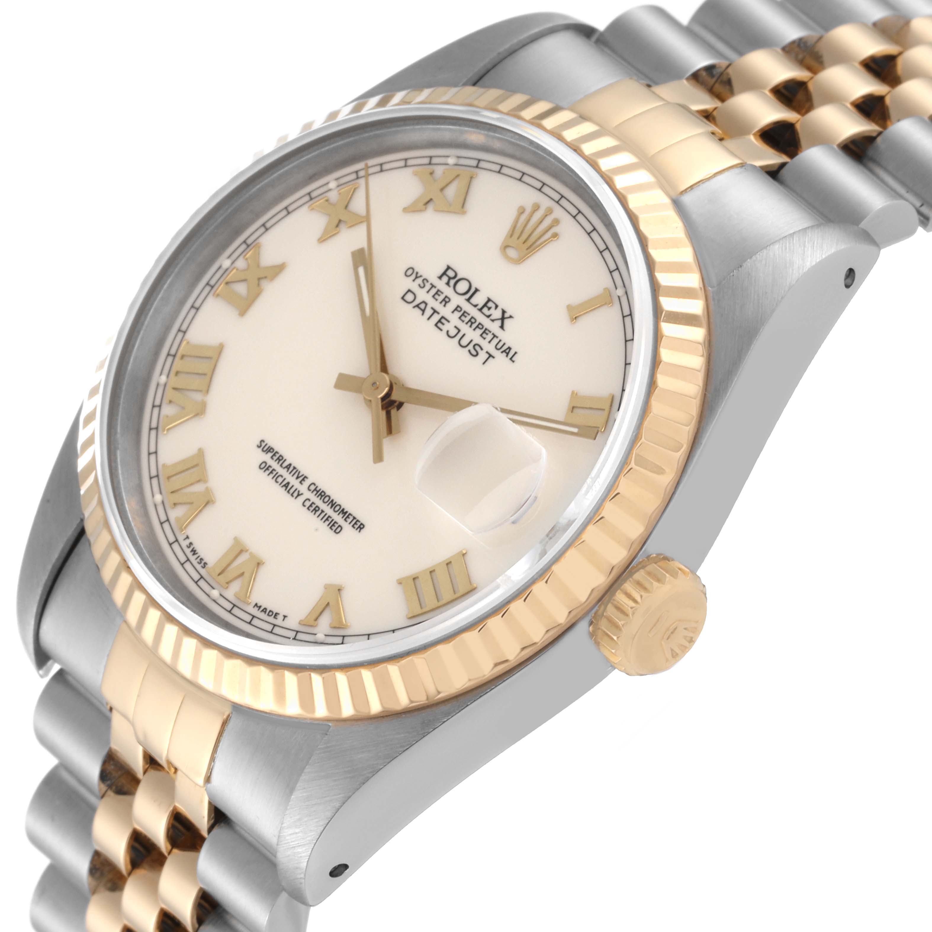 The Rolex Datejust 16233 Men's Steel and Gold (two tone) Beige Dial 16233 Men's Steel and Gold (two tone) Beige Dial watch is shown at an angled close-up, displaying its dial, bezel, crown, and part of its bracelet.