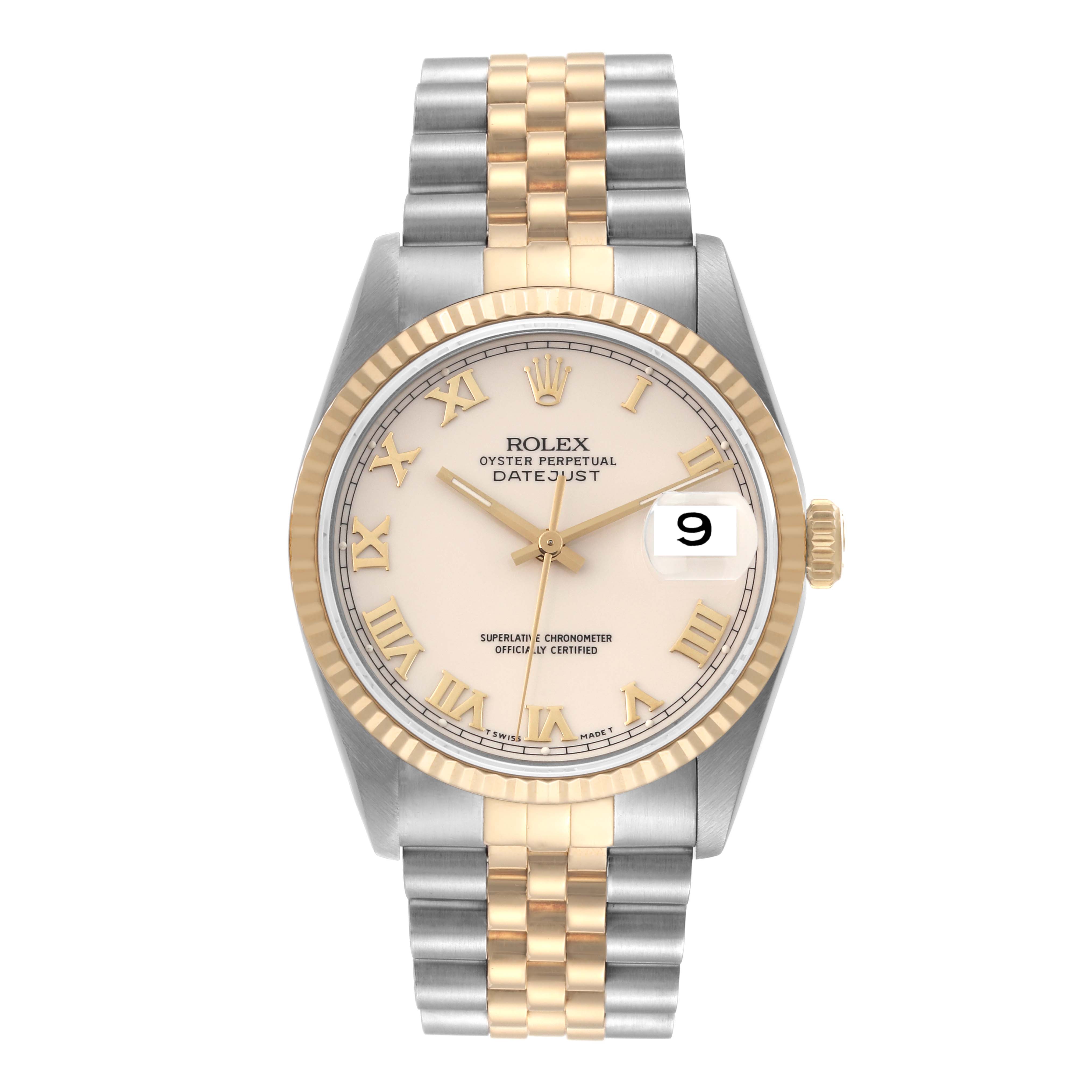 This Rolex Datejust 16233 Men's Steel and Gold (two tone) Beige Dial 16233 Men's Steel and Gold (two tone) Beige Dial watch is shown from the front, highlighting the dial, bezel, and Jubilee bracelet.