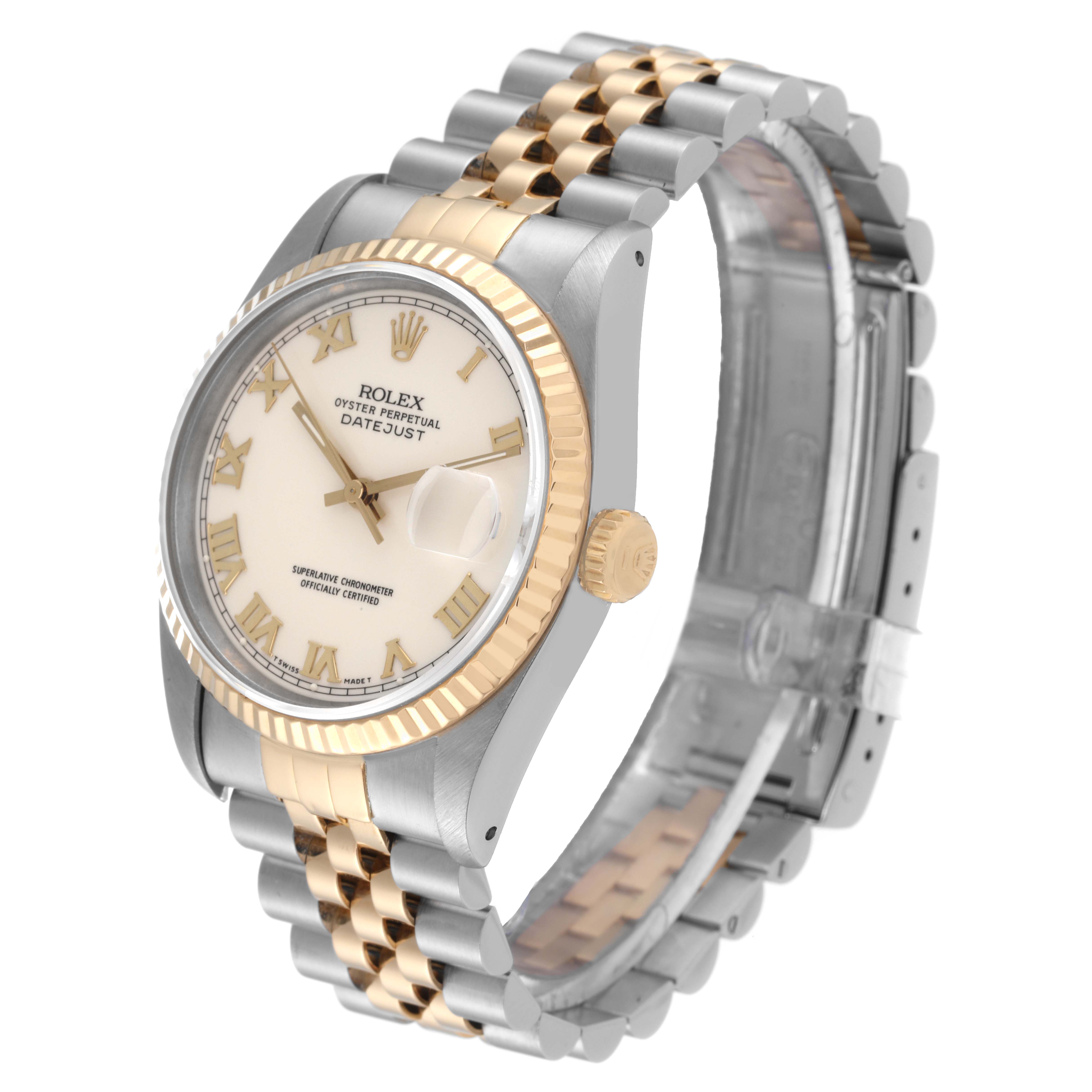 This image shows a Rolex Datejust 16233 Men's Steel and Gold (two tone) Beige Dial 16233 Men's Steel and Gold (two tone) Beige Dial model from an angled front view, highlighting the dial, bezel, crown, and parts of the bracelet.