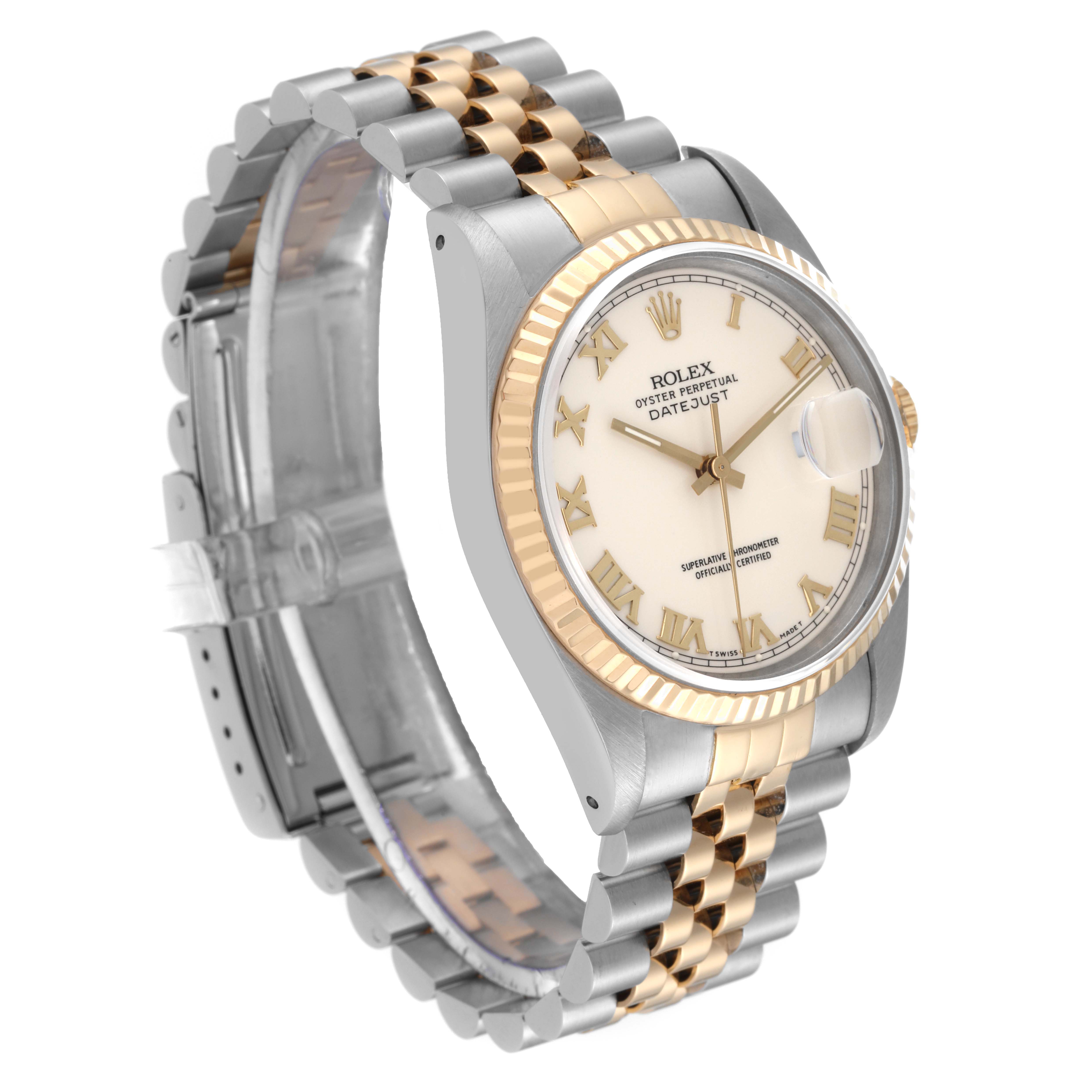 The Rolex Datejust 16233 Men's Steel and Gold (two tone) Beige Dial 16233 Men's Steel and Gold (two tone) Beige Dial watch is shown at a slight right angle, highlighting the face, bezel, and bracelet.