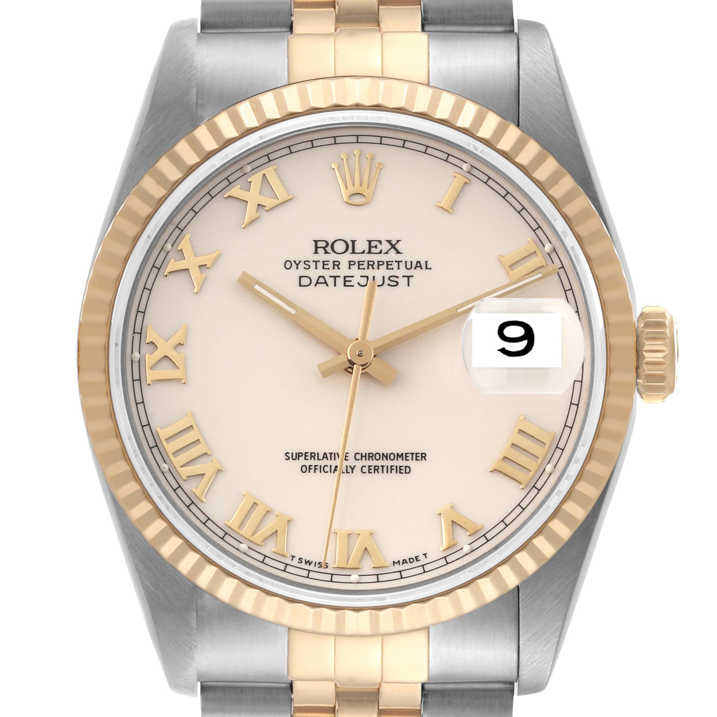 The image shows a front view of a Rolex Datejust 16233 Men's Steel and Gold (two tone) Beige Dial 16233 Men's Steel and Gold (two tone) Beige Dial watch, highlighting the dial, bezel, crown, and part of the bracelet.