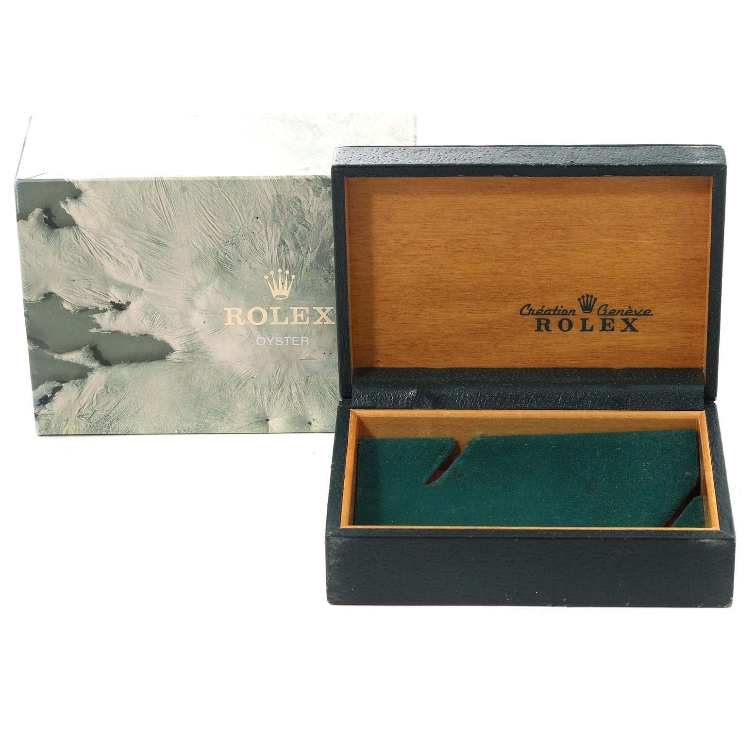 The image shows an open Rolex Datejust 16233 Men's Steel and Gold (two tone) Beige Dial 16233 Men's Steel and Gold (two tone) Beige Dial watch box with the lid up, displaying the interior and exterior designs.