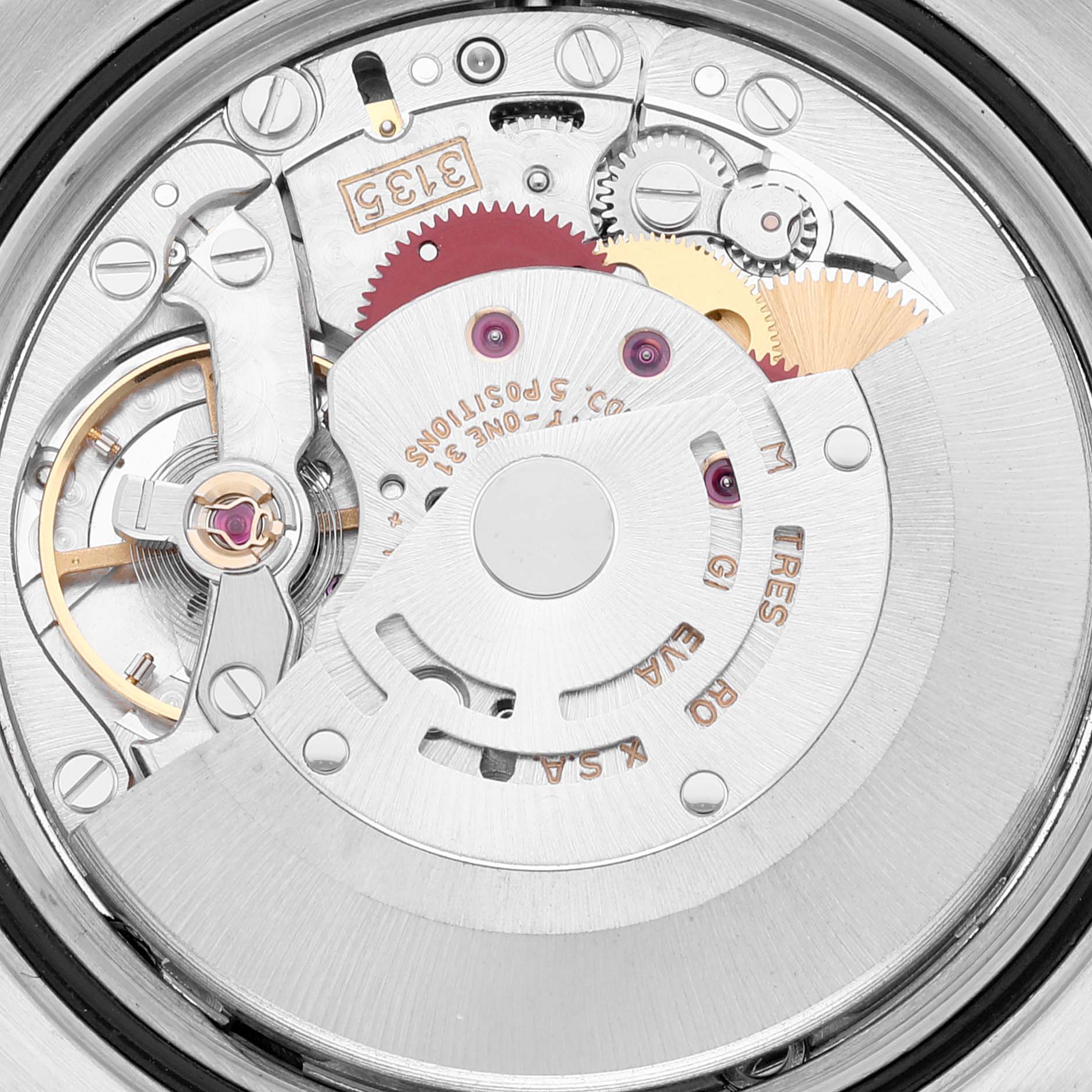 The image shows a close-up view of the movement inside a Rolex Datejust 16233 Men's Steel and Gold (two tone) Beige Dial 16233 Men's Steel and Gold (two tone) Beige Dial model, highlighting the gears and internal mechanisms.