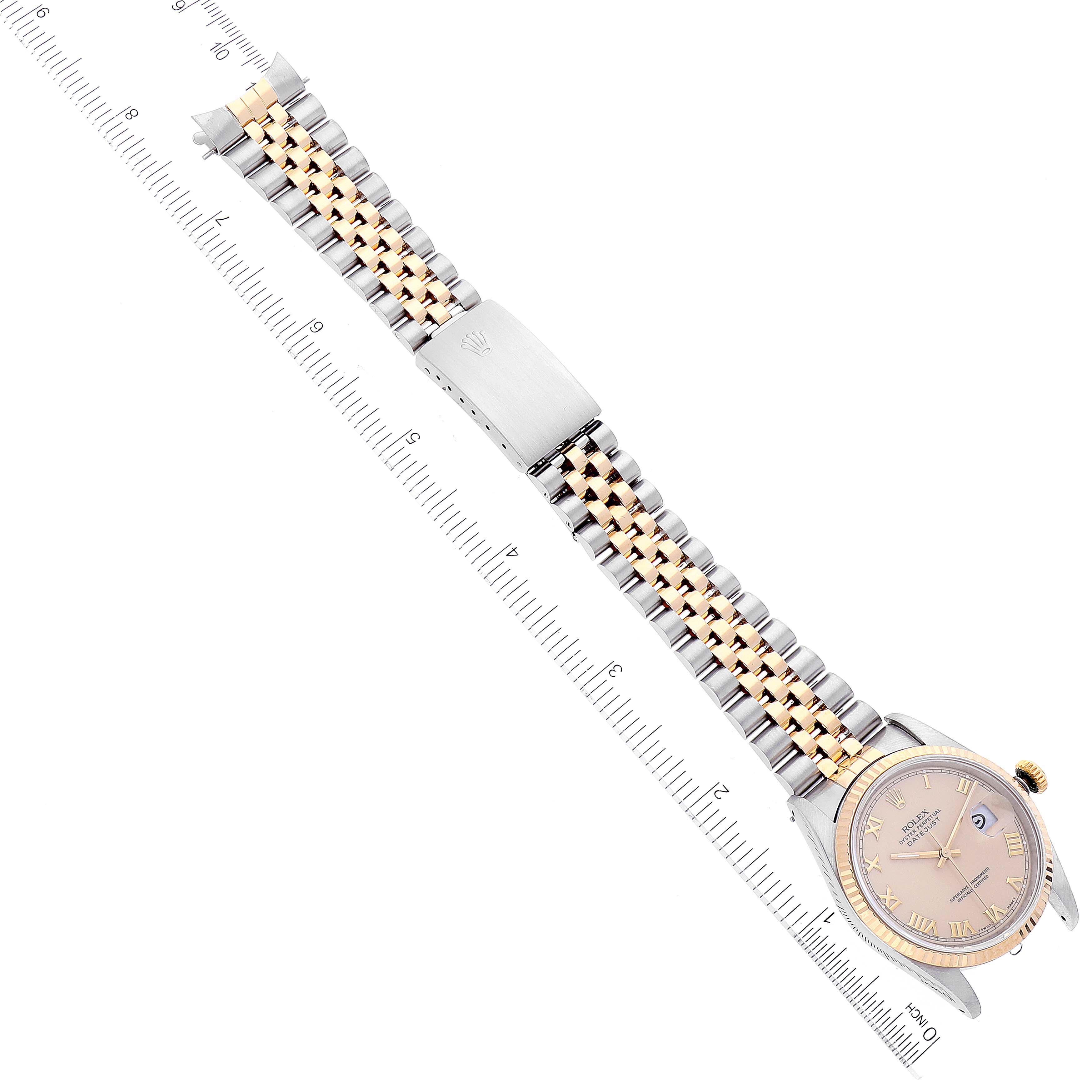 The image shows a Rolex Datejust 16233 Men's Steel and Gold (two tone) Beige Dial 16233 Men's Steel and Gold (two tone) Beige Dial watch laid flat, displaying the dial, bezel, and two-tone bracelet with the clasp open.