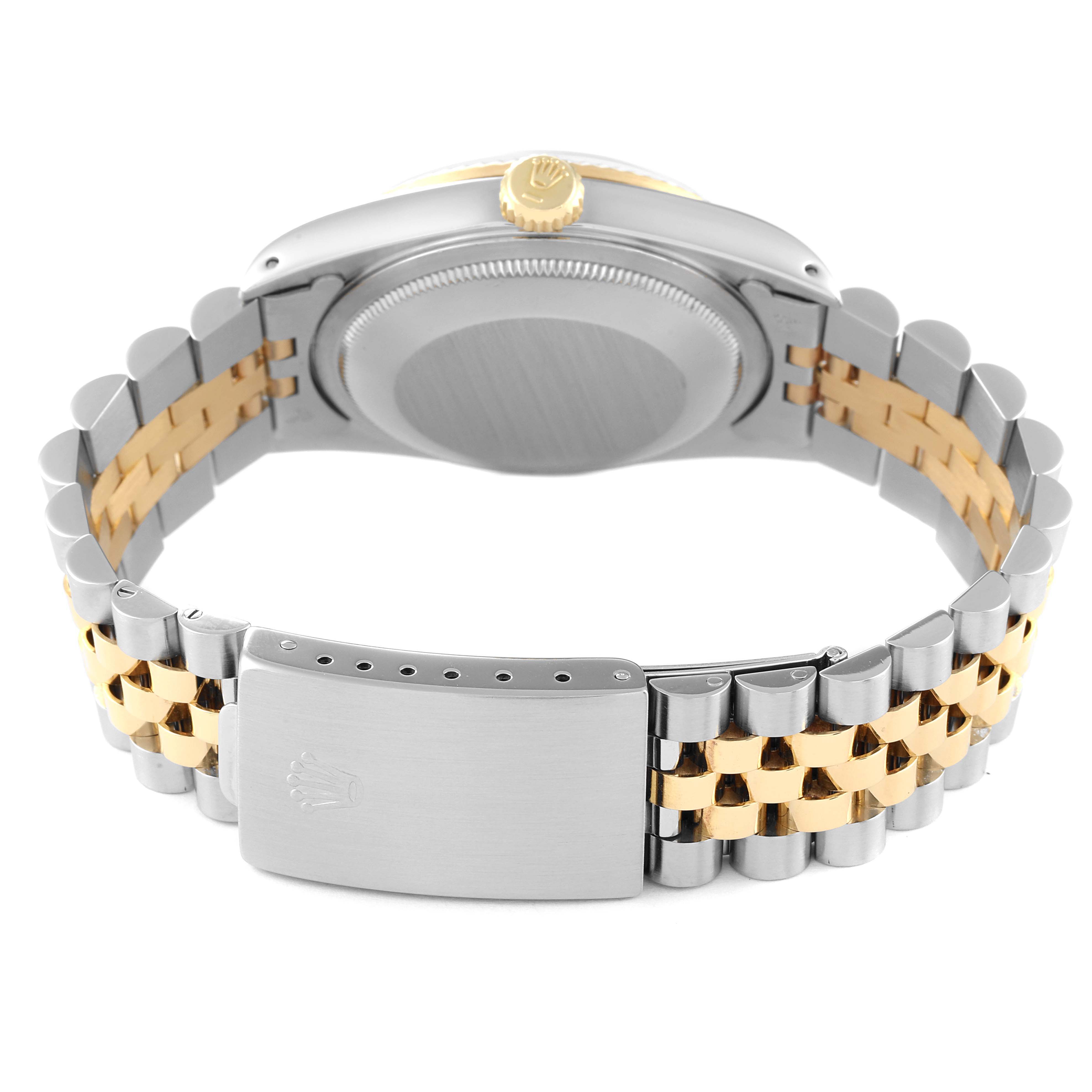 The image shows the back view of the Rolex Datejust 16233 Men's Steel and Gold (two tone) Beige Dial 16233 Men's Steel and Gold (two tone) Beige Dial watch focusing on the clasp, bracelet, and watch case back.