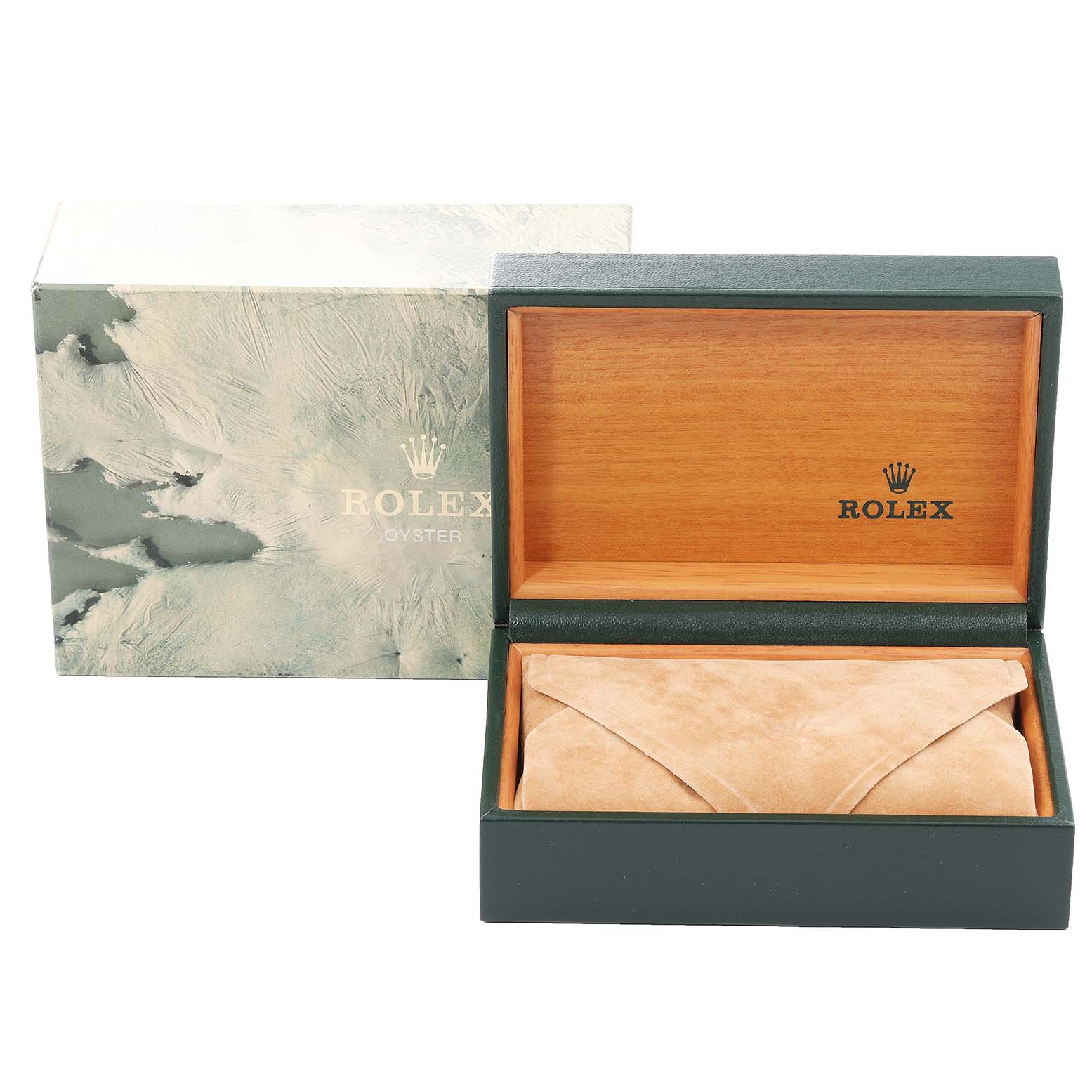 The image shows a Rolex Datejust 16233 Men's Steel and Gold (two tone) Beige Dial 16233 Men's Steel and Gold (two tone) Beige Dial watch box and the outer carton, both partially opened with no watch visible.