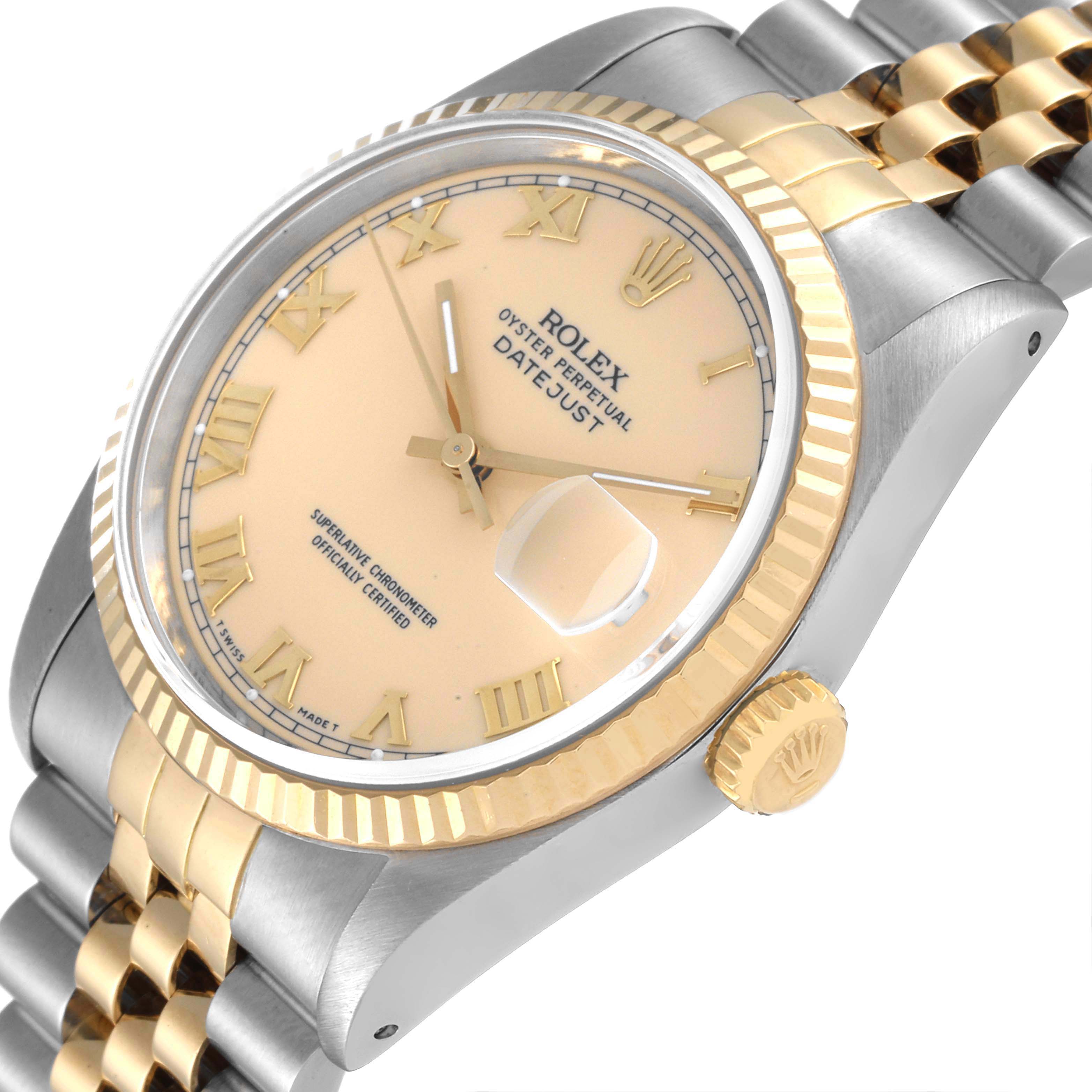 The image shows a Rolex Datejust 16233 Men's Steel and Gold (two tone) Beige Dial 16233 Men's Steel and Gold (two tone) Beige Dial watch at a slight angle highlighting its gold bezel, dial, and crown, along with a two-tone metal bracelet.