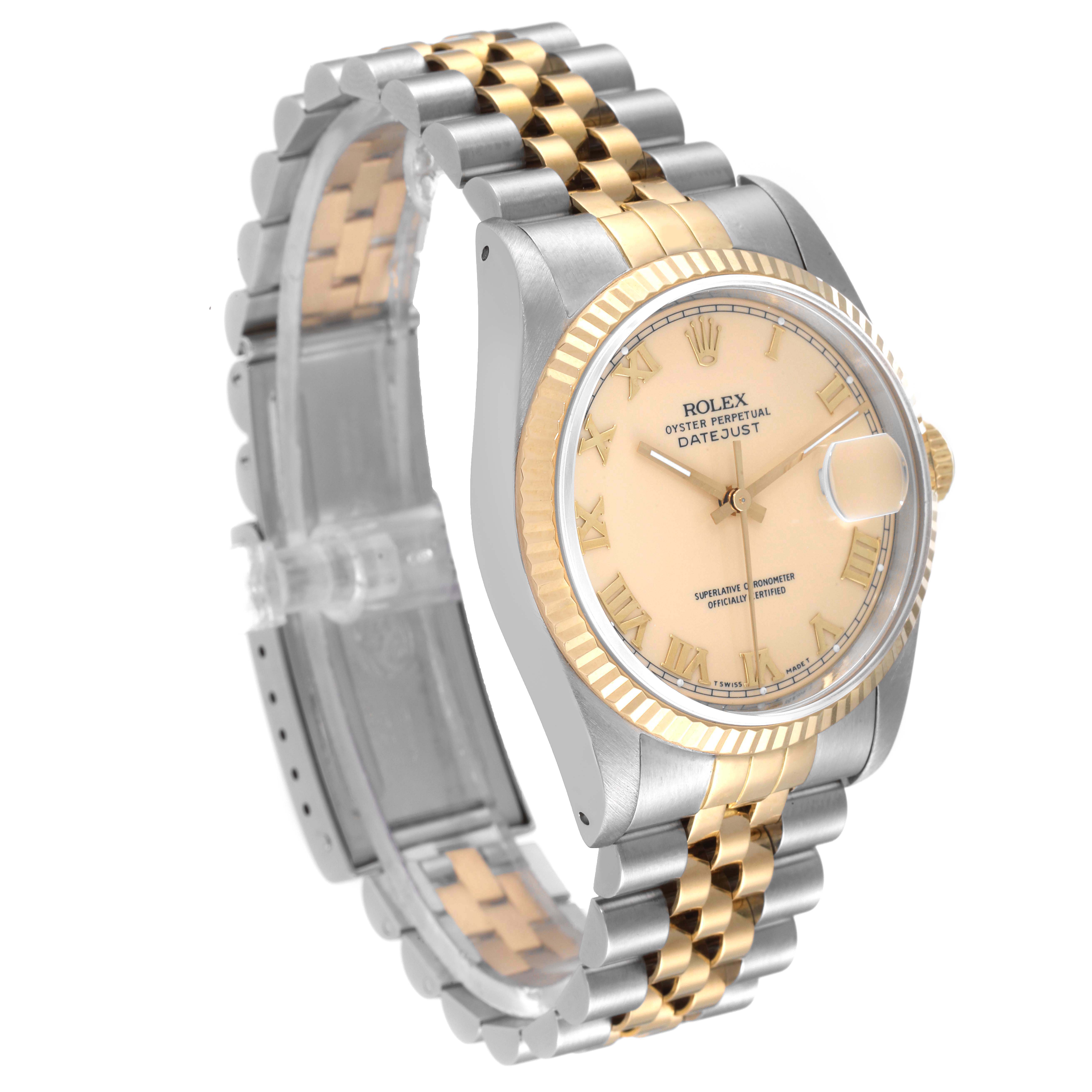 The image shows a Rolex Datejust 16233 Men's Steel and Gold (two tone) Beige Dial 16233 Men's Steel and Gold (two tone) Beige Dial watch at a 3/4 angle, highlighting its two-tone bracelet, dial, and fluted bezel.