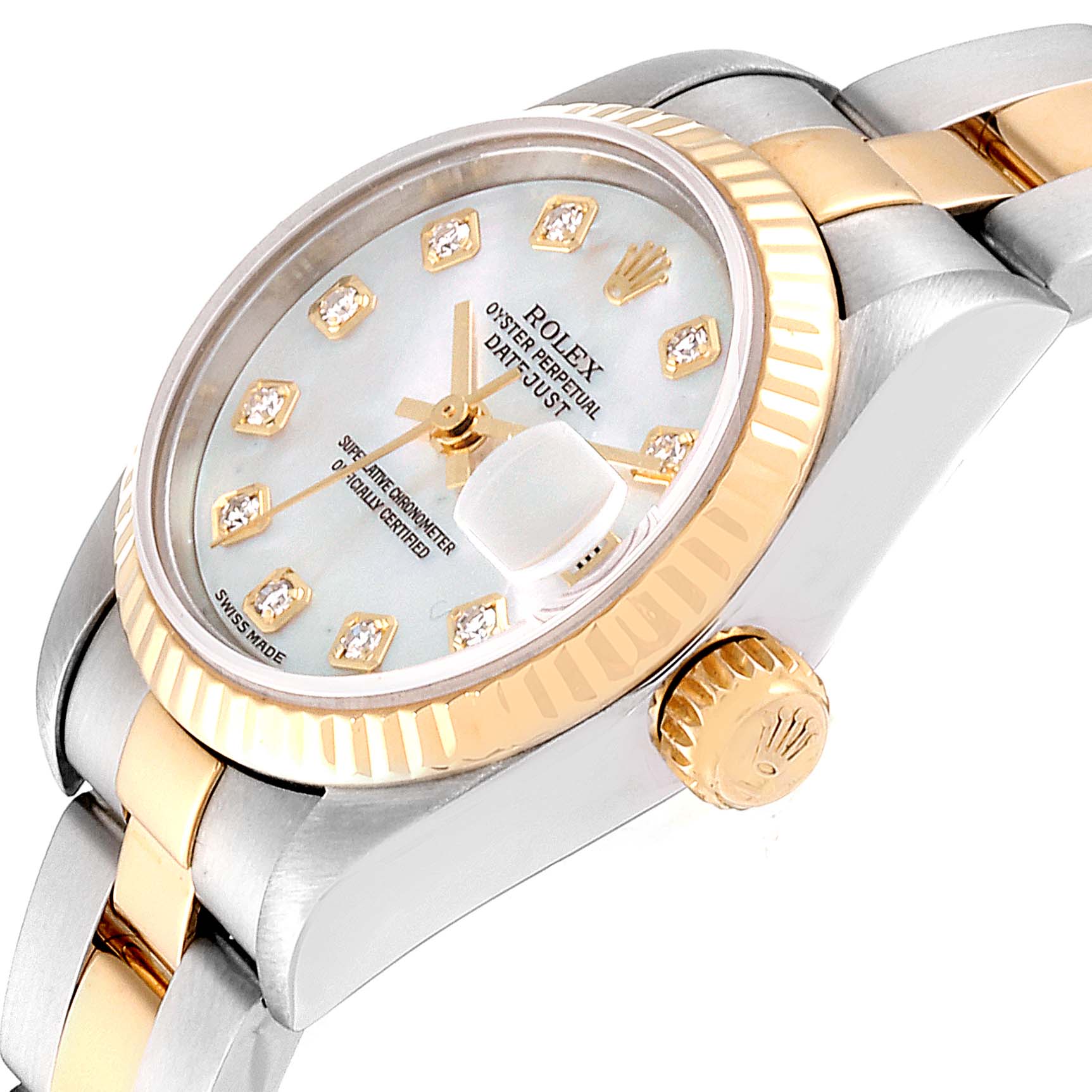 This image shows a close-up side angle of a Rolex Datejust 79173 Women
s Steel and Gold (two tone) Mother of Pearl Dial 79173 Women
s Steel and Gold (two tone) Mother of Pearl Dial watch, highlighting its crown, bezel, and bracelet.