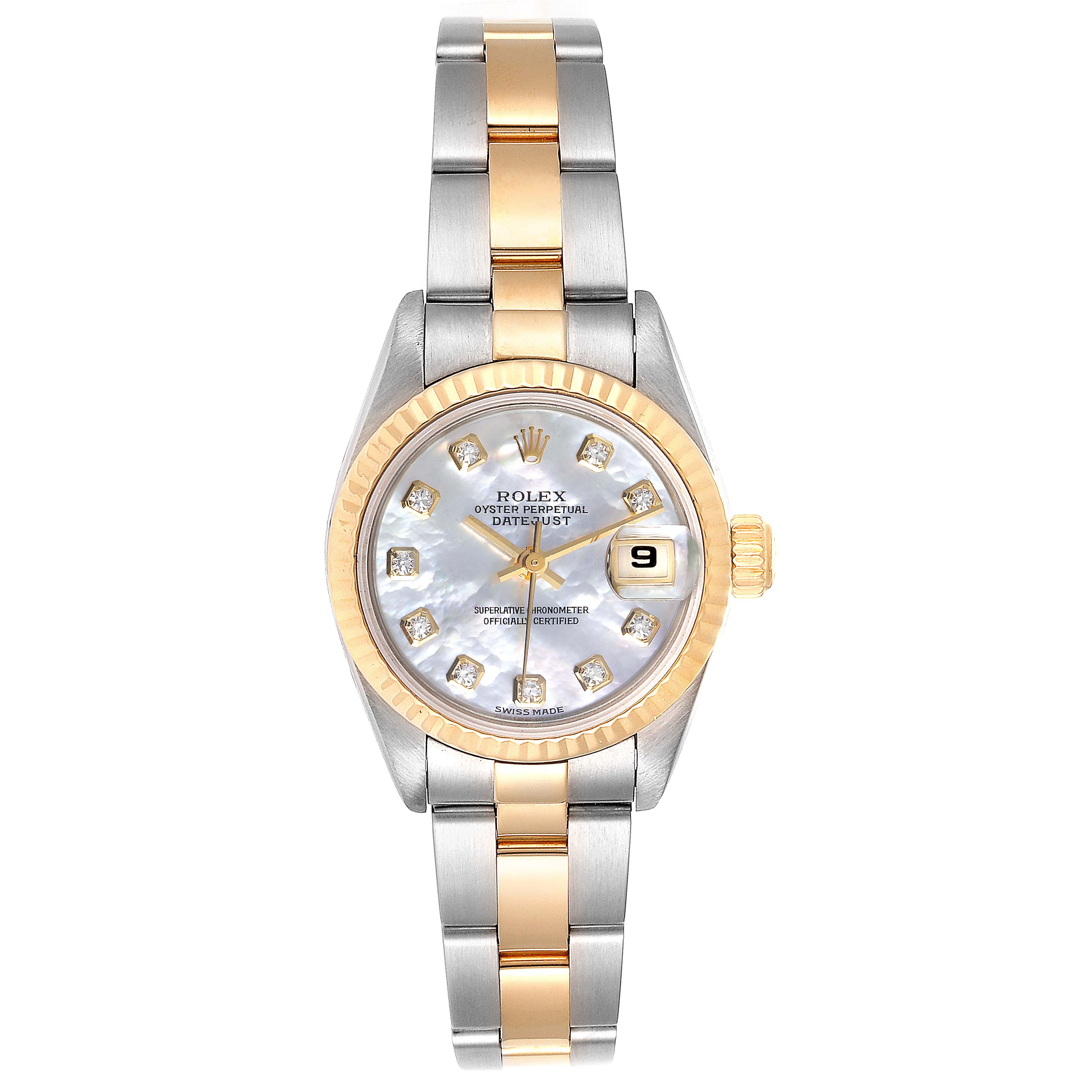 This Rolex Datejust 79173 Women
s Steel and Gold (two tone) Mother of Pearl Dial 79173 Women
s Steel and Gold (two tone) Mother of Pearl Dial watch is shown from a front angle, displaying its face, bezel, and bracelet.