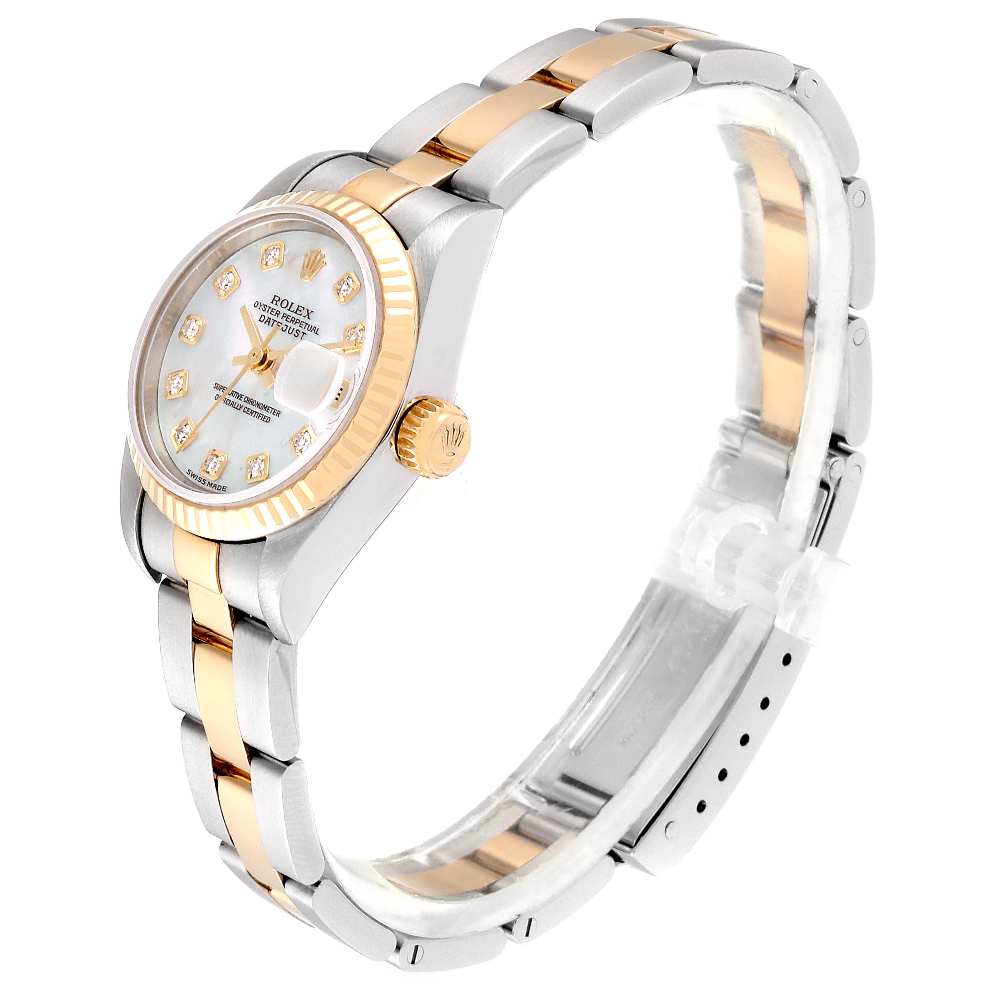 The Rolex Datejust 79173 Women
s Steel and Gold (two tone) Mother of Pearl Dial 79173 Women
s Steel and Gold (two tone) Mother of Pearl Dial watch is shown at an angled side view, highlighting its bezel, crown, dial, and two-tone bracelet.