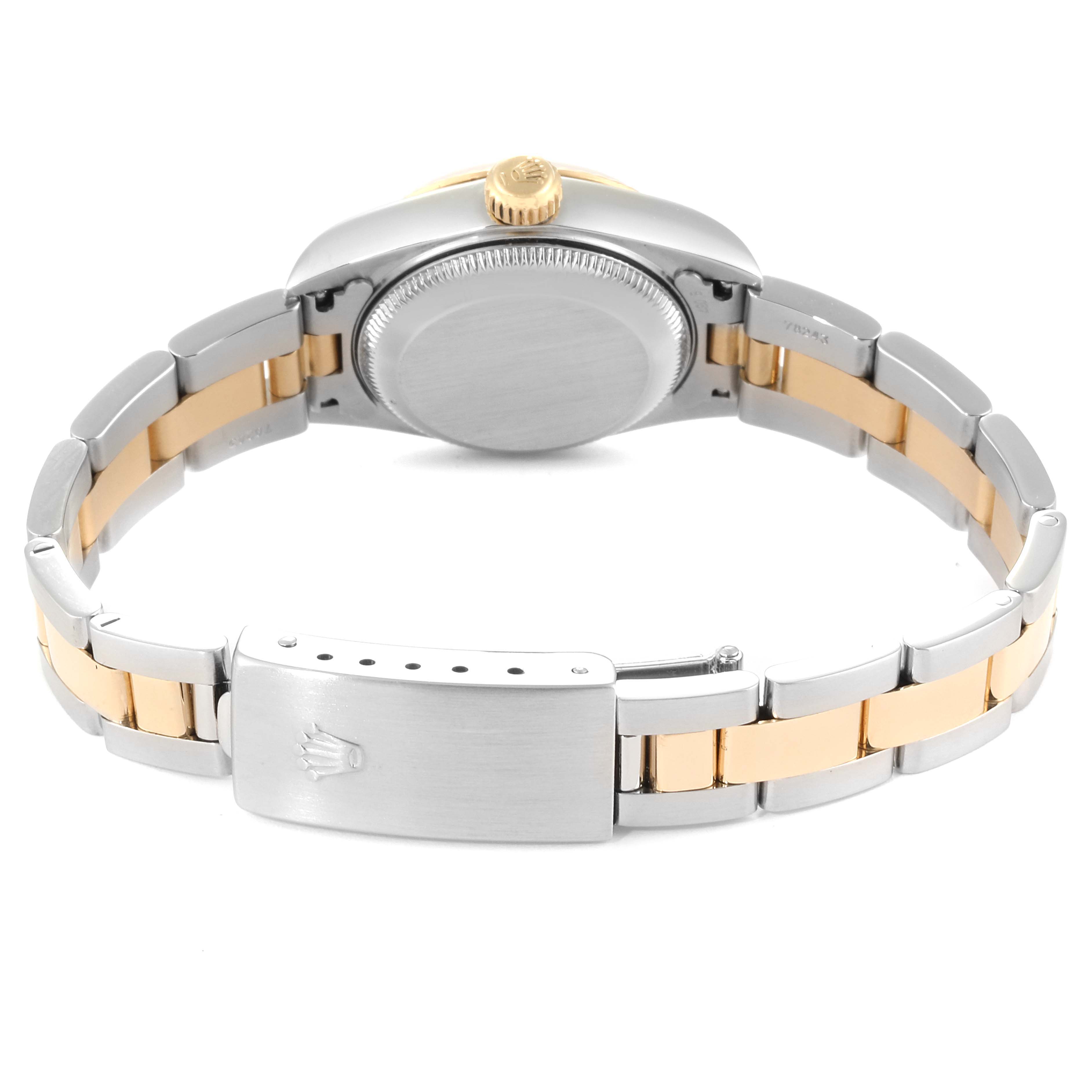 The image displays the back of the Rolex Datejust 79173 Women
s Steel and Gold (two tone) Mother of Pearl Dial 79173 Women
s Steel and Gold (two tone) Mother of Pearl Dial watch, showcasing its caseback, crown, and metal bracelet with a clasp.