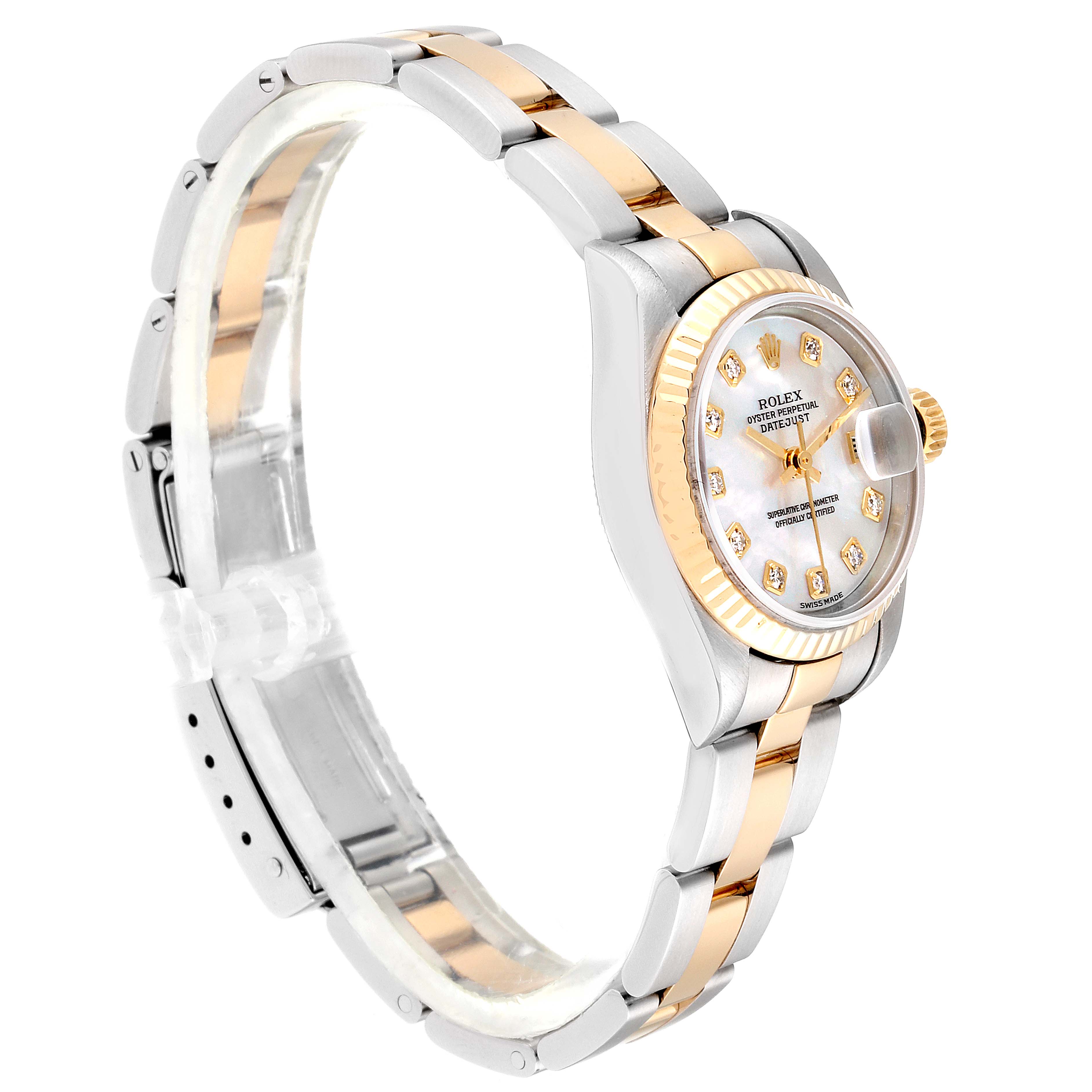 The Rolex Datejust 79173 Women
s Steel and Gold (two tone) Mother of Pearl Dial 79173 Women
s Steel and Gold (two tone) Mother of Pearl Dial watch is shown at a side angle, highlighting its two-tone bracelet, dial, and fluted bezel.