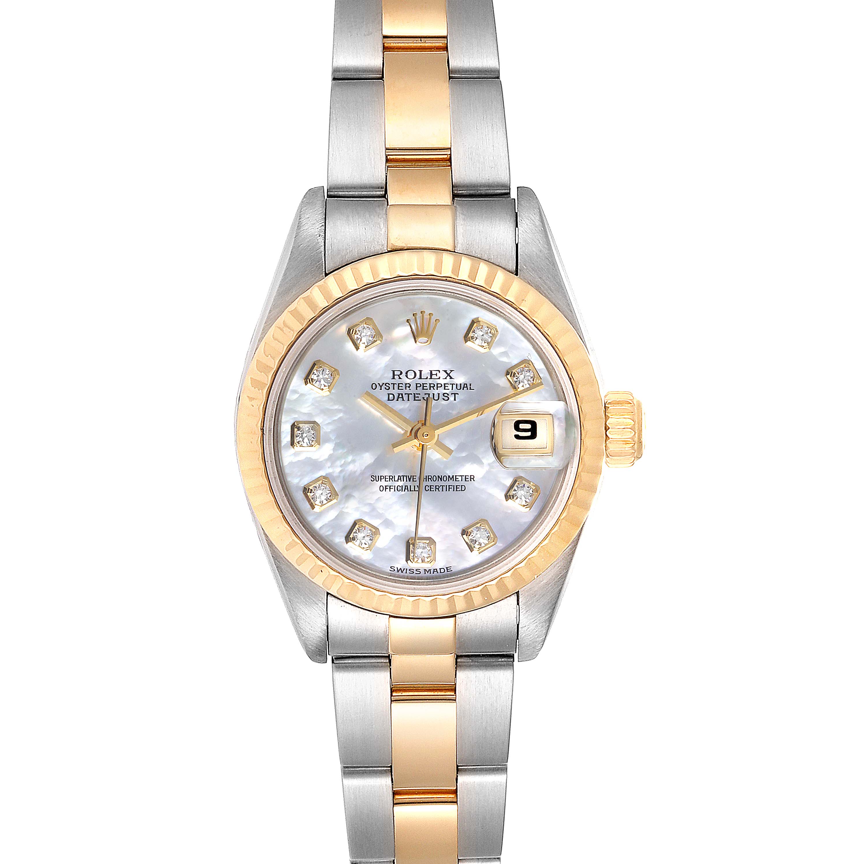 This Rolex Datejust 79173 Women
s Steel and Gold (two tone) Mother of Pearl Dial 79173 Women
s Steel and Gold (two tone) Mother of Pearl Dial watch is shown from a front angle, displaying the face, dial, bezel, and bracelet.
