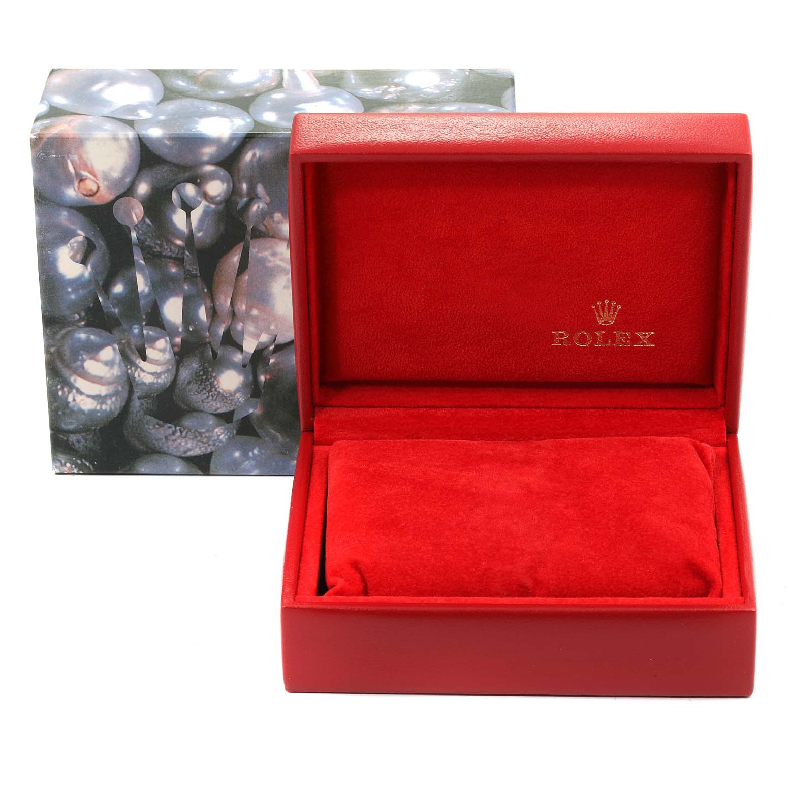 This image shows an empty red watch box and a decorative outer box for the Rolex Datejust 79173 Women
s Steel and Gold (two tone) Mother of Pearl Dial 79173 Women
s Steel and Gold (two tone) Mother of Pearl Dial model.