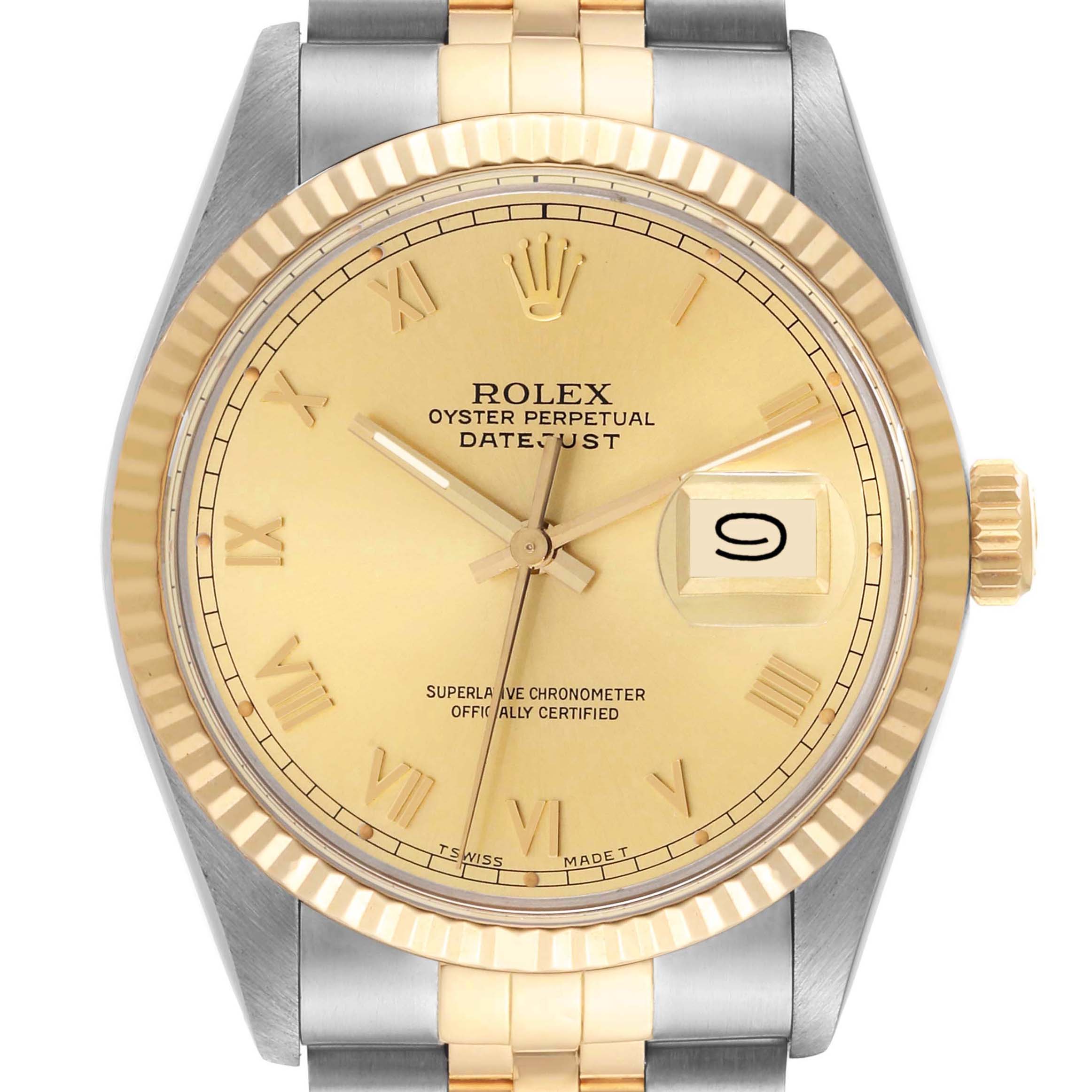 The image shows a frontal view of a Rolex Datejust 16013 Men's Steel and Gold (two tone) Champagne Dial 16013 Men's Steel and Gold (two tone) Champagne Dial watch, highlighting the dial, bezel, case, and part of the bracelet.