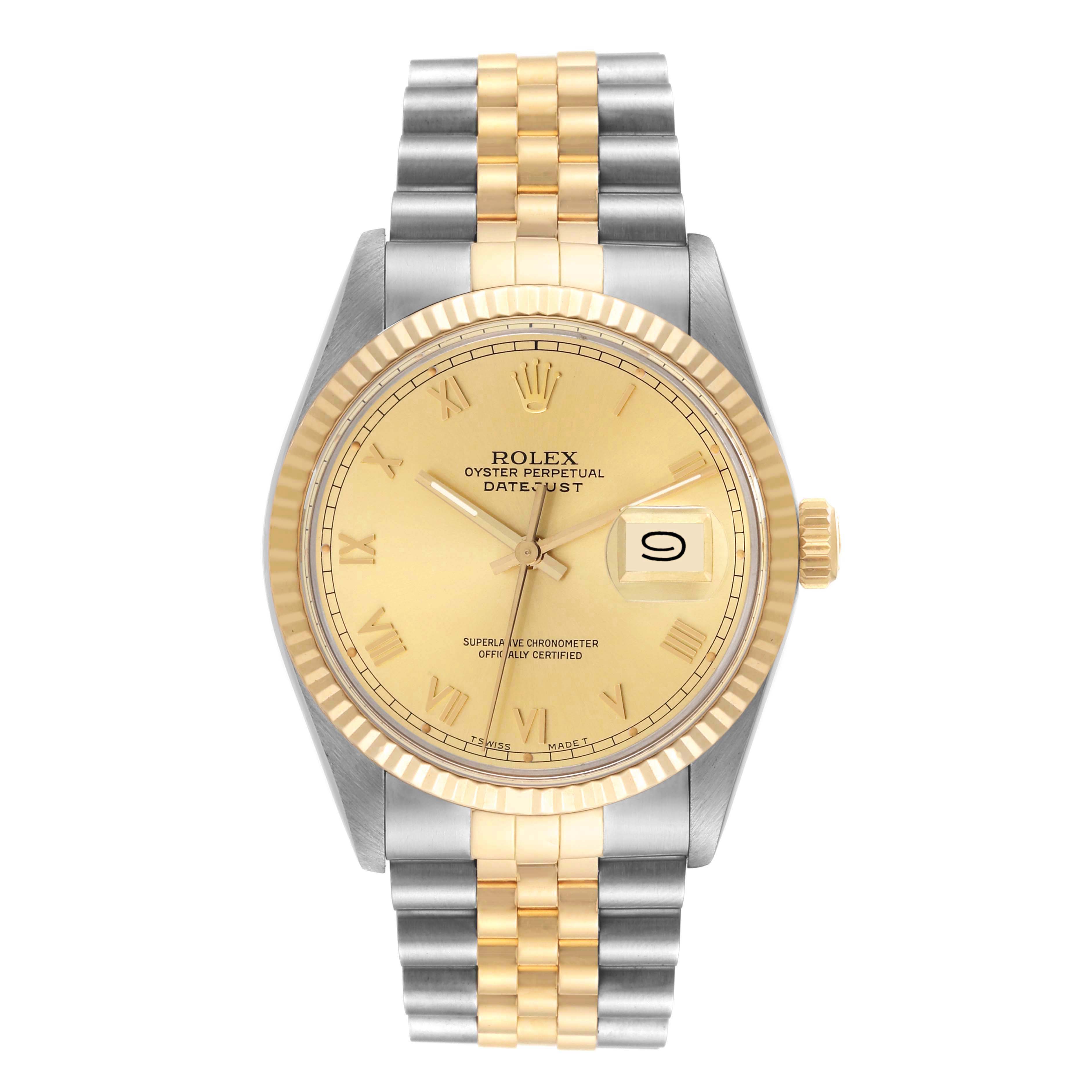 This image shows a Rolex Datejust 16013 Men's Steel and Gold (two tone) Champagne Dial 16013 Men's Steel and Gold (two tone) Champagne Dial watch from a front view, highlighting its gold and silver band, gold dial, and date display.