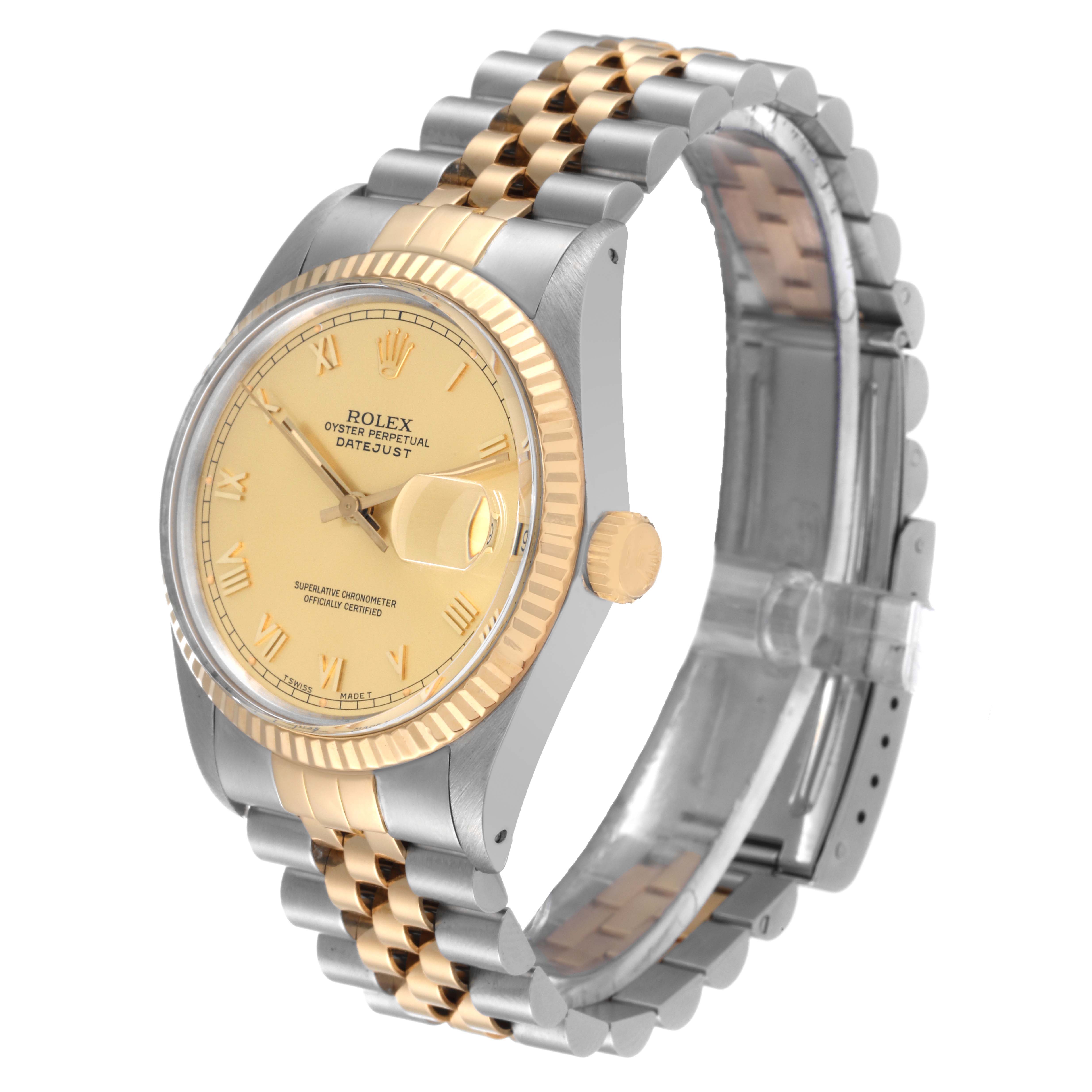 The Rolex Datejust 16013 Men's Steel and Gold (two tone) Champagne Dial 16013 Men's Steel and Gold (two tone) Champagne Dial watch is shown at a slight angle from the front, highlighting its dial, bezel, case, crown, and bracelet.