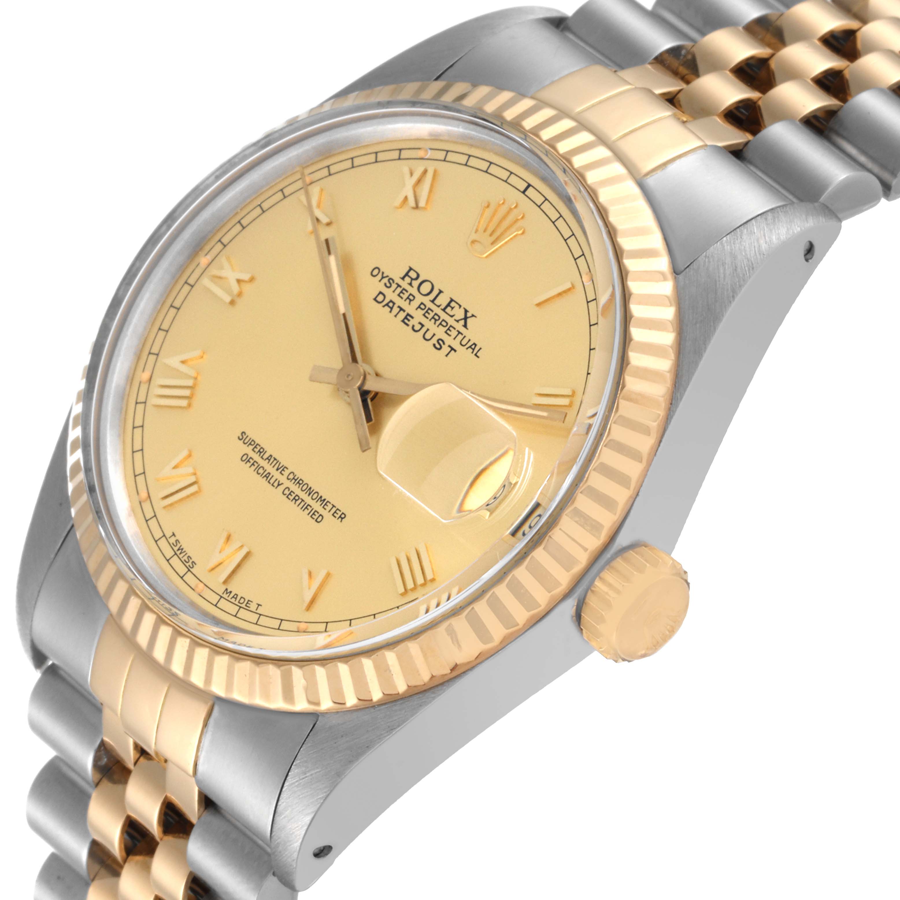 The image shows a side angle of the Rolex Datejust 16013 Men's Steel and Gold (two tone) Champagne Dial 16013 Men's Steel and Gold (two tone) Champagne Dial watch, highlighting the dial, bezel, crown, and bracelet.
