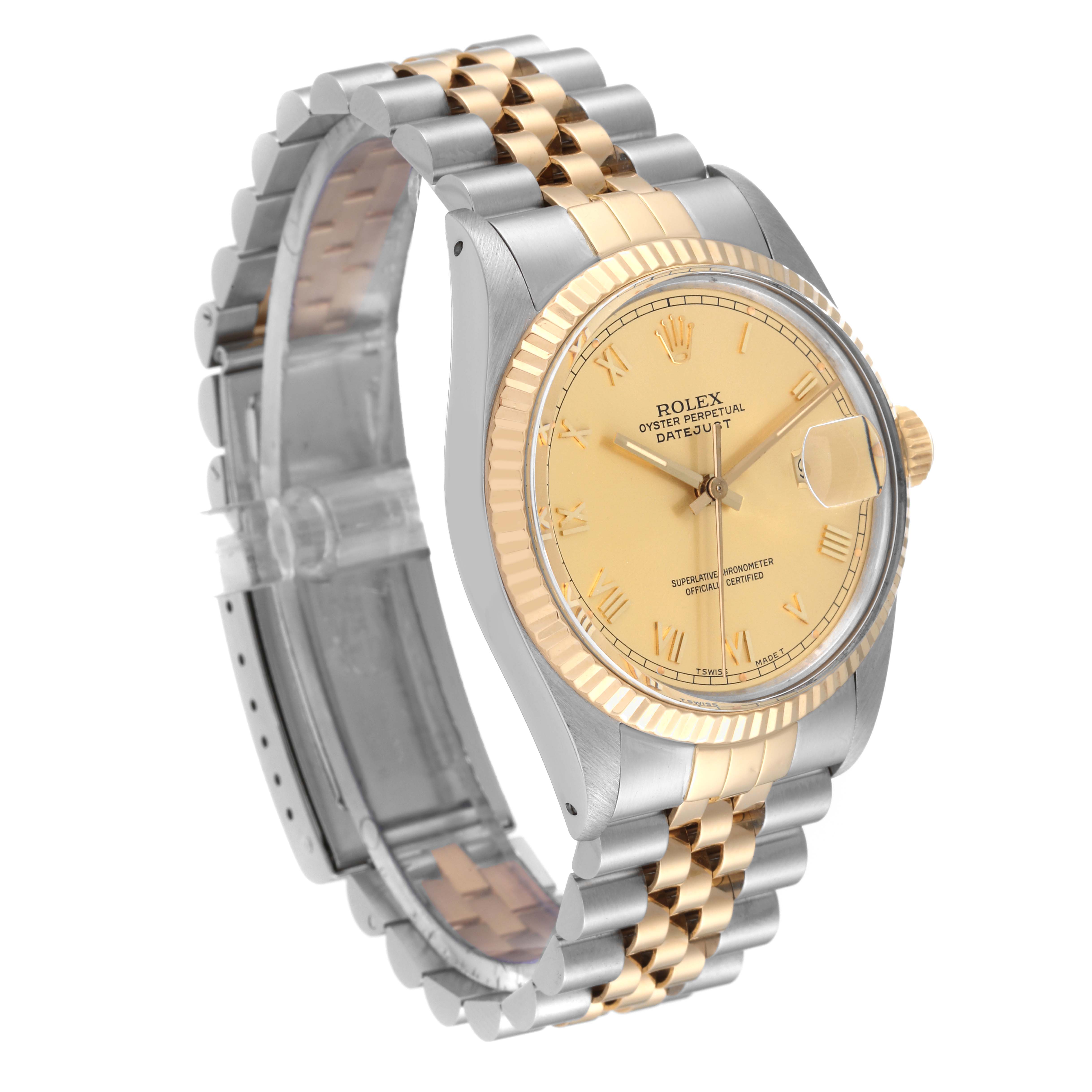 This image shows a Rolex Datejust 16013 Men's Steel and Gold (two tone) Champagne Dial 16013 Men's Steel and Gold (two tone) Champagne Dial watch at a 3/4 angle, highlighting the dial, bezel, and two-tone bracelet.