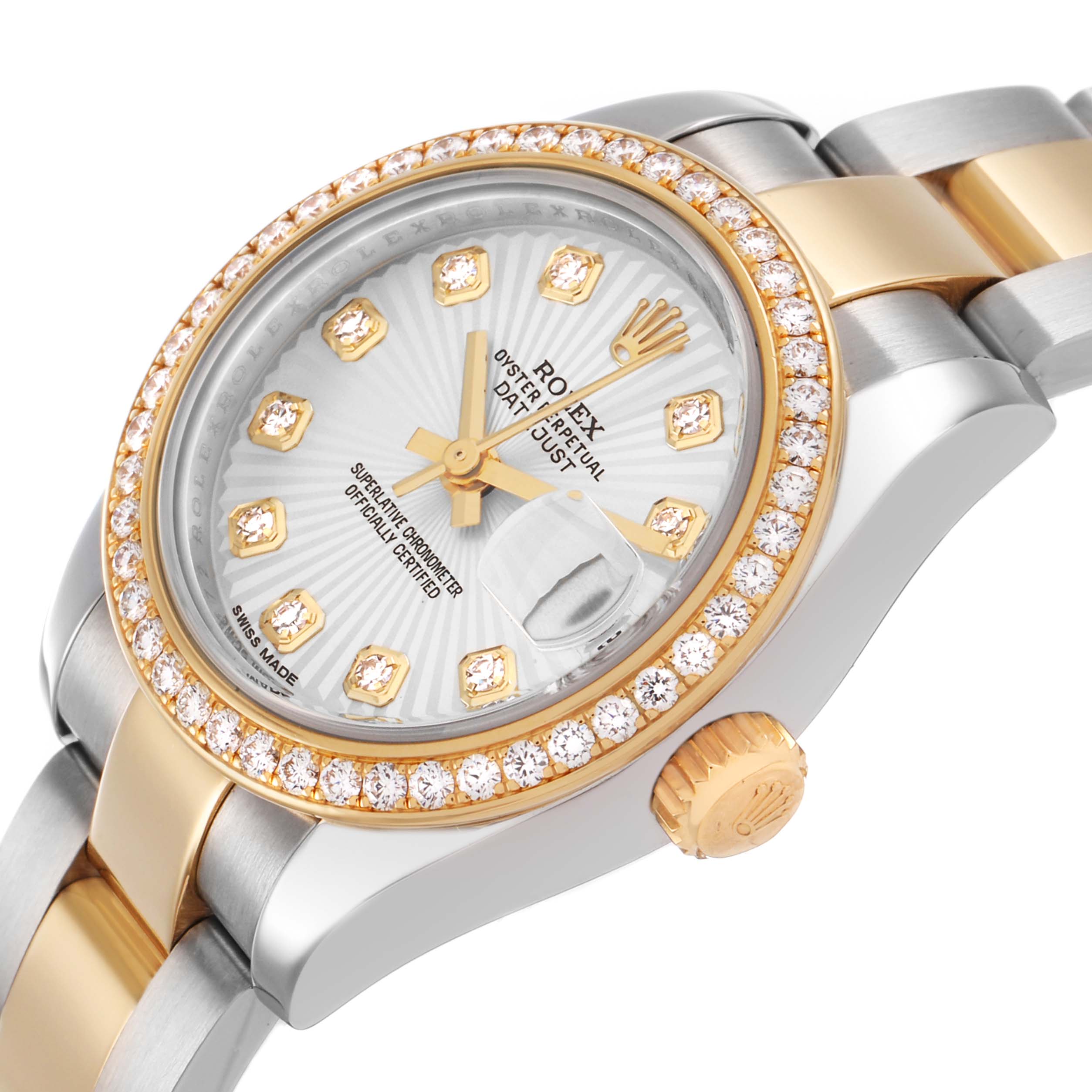 The Rolex Datejust 179383 Women's Steel and Gold (two tone) Silver Dial watch is shown at an angle highlighting the face, bezel, crown, and part of the bracelet.