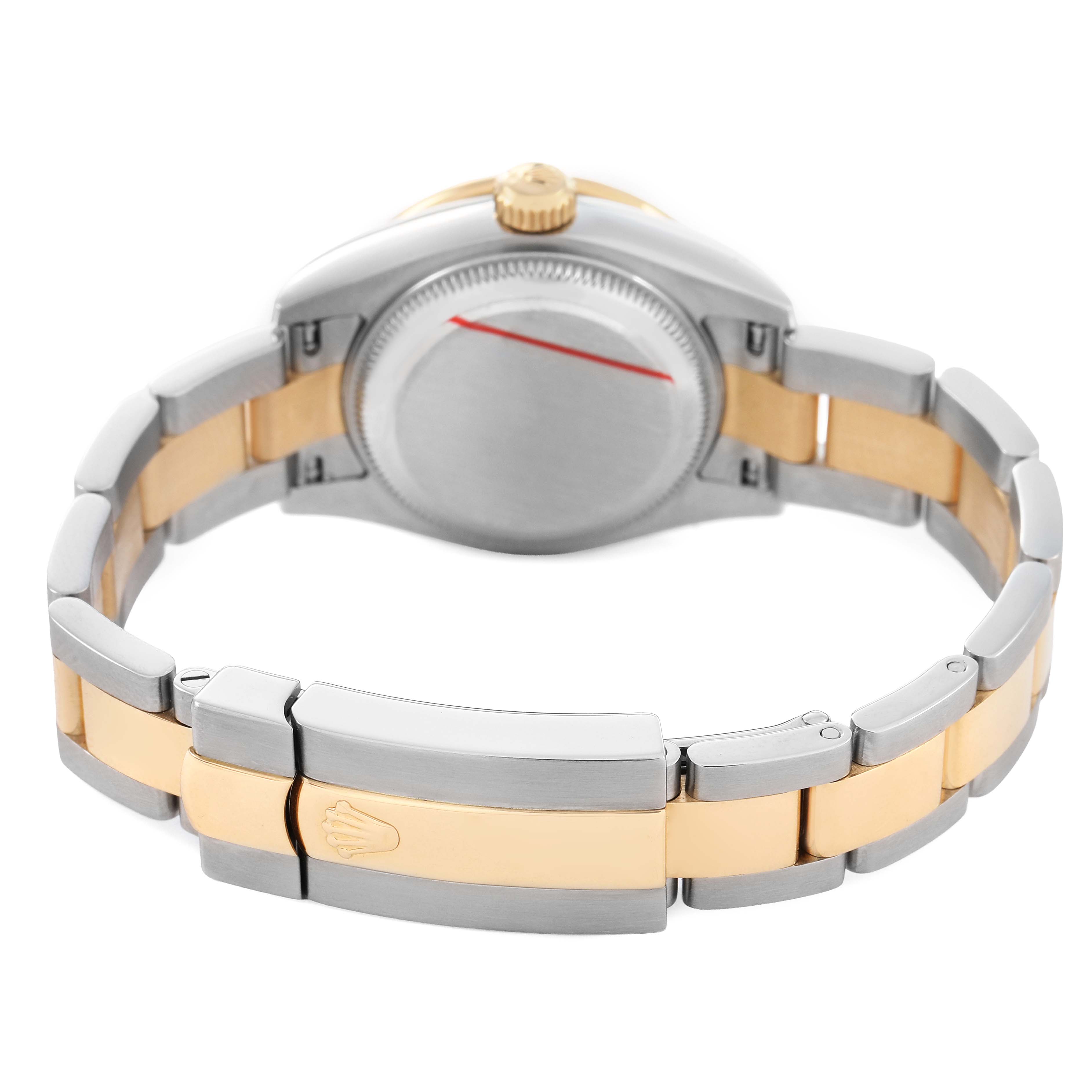 The image shows the back of a Rolex Datejust 179383 Women's Steel and Gold (two tone) Silver Dial watch, highlighting the bracelet, clasp, and case back.