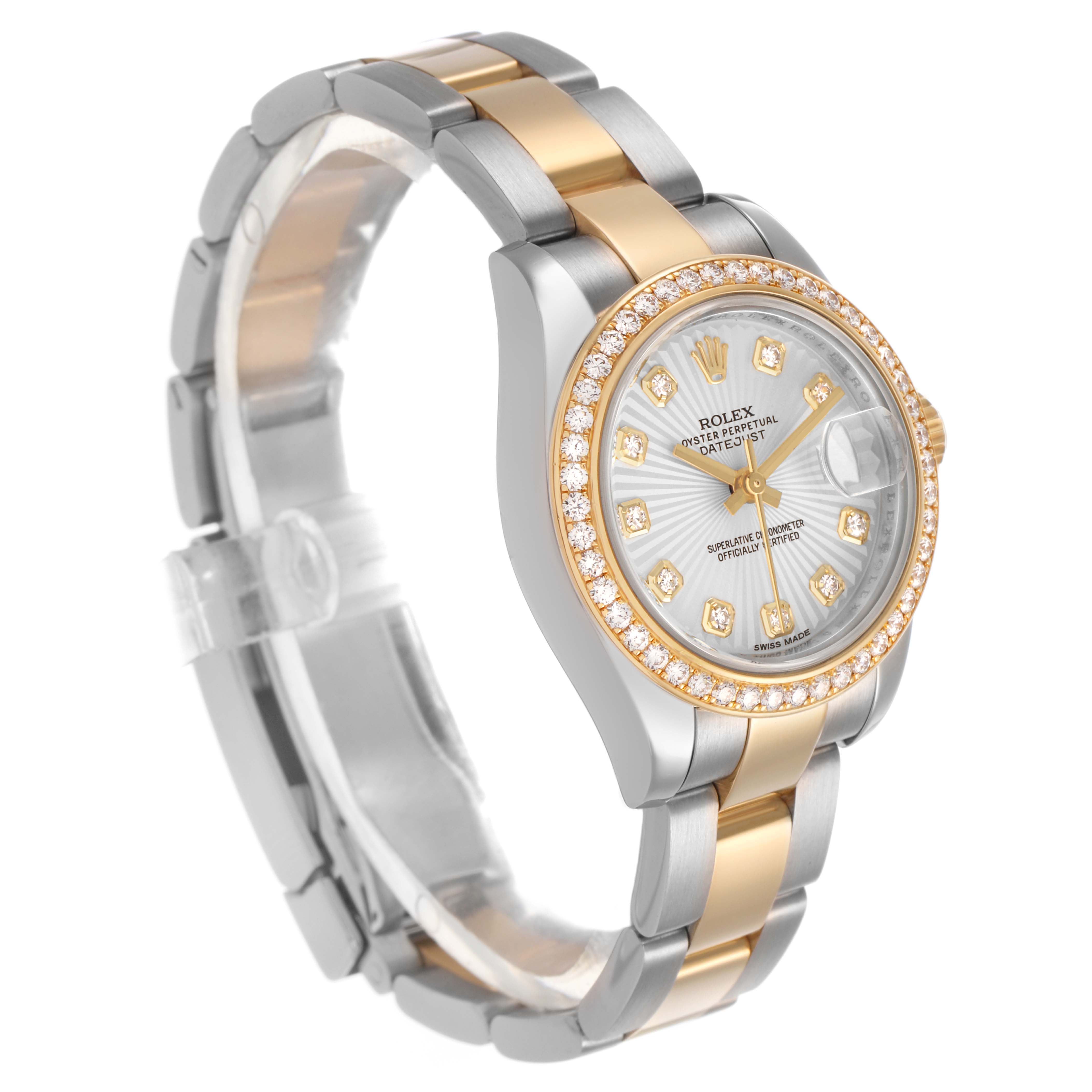 The Rolex Datejust 179383 Women's Steel and Gold (two tone) Silver Dial watch is shown at a slight angle, highlighting its two-tone bracelet and diamond-encrusted bezel.