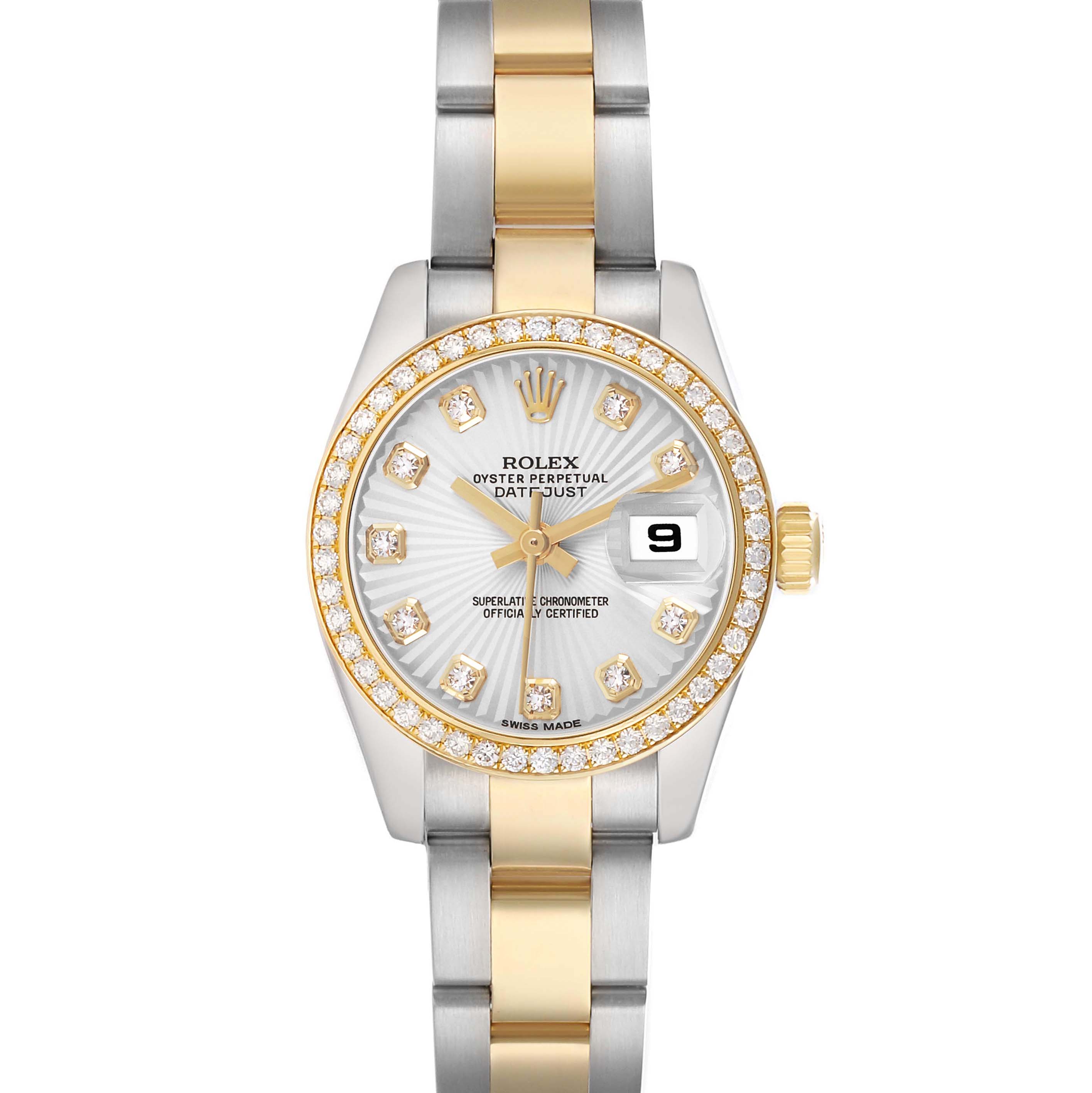 The Rolex Datejust 179383 Women's Steel and Gold (two tone) Silver Dial watch is shown from the front, featuring diamond markers, a two-tone bracelet, and a fluted bezel.