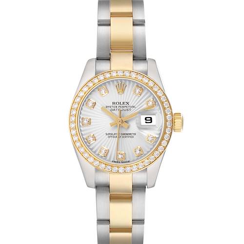 The Rolex Datejust 179383 Women's Steel and Gold (two tone) Silver Dial watch is shown from the front, highlighting its dial, diamond bezel, and two-tone bracelet.
