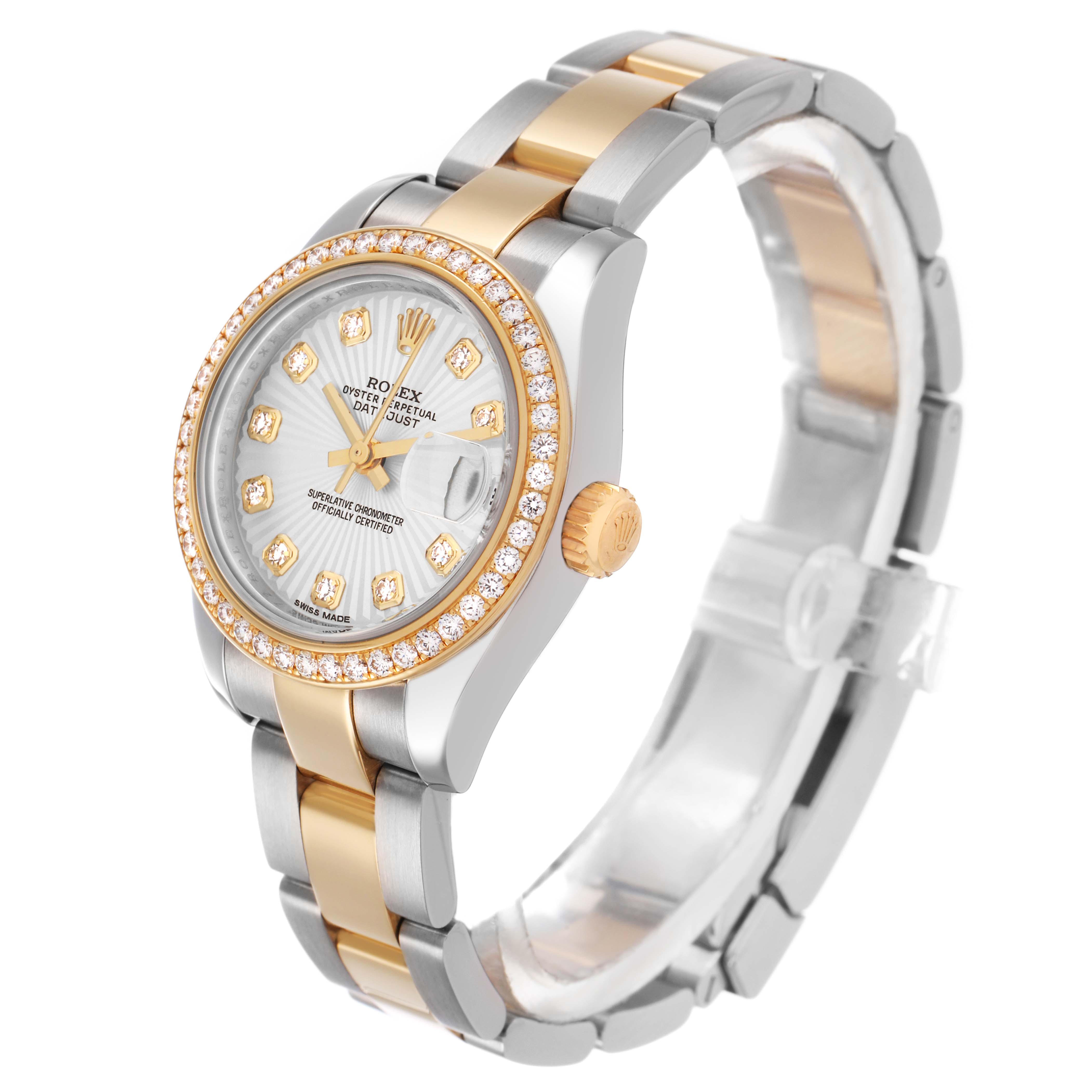 The Rolex Datejust 179383 Women's Steel and Gold (two tone) Silver Dial watch is shown at a three-quarter angle, displaying the face, bezel, crown, and part of the bracelet.