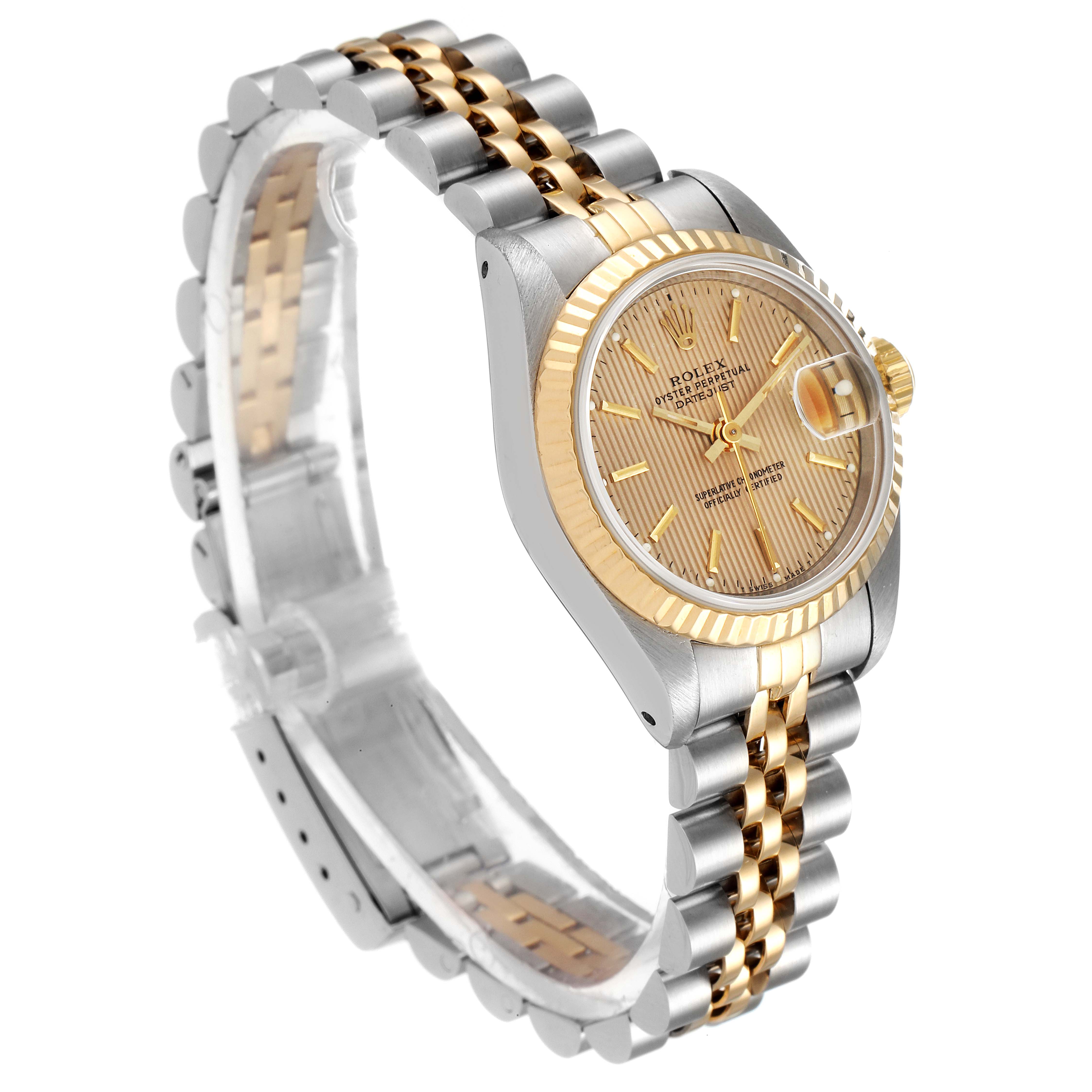 The image shows a side angle of a Rolex Datejust 69173 Women
s Steel and Gold (two tone) Champagne Dial 69173 Women
s Steel and Gold (two tone) Champagne Dial watch, highlighting its two-tone metal band, fluted bezel, and dial.