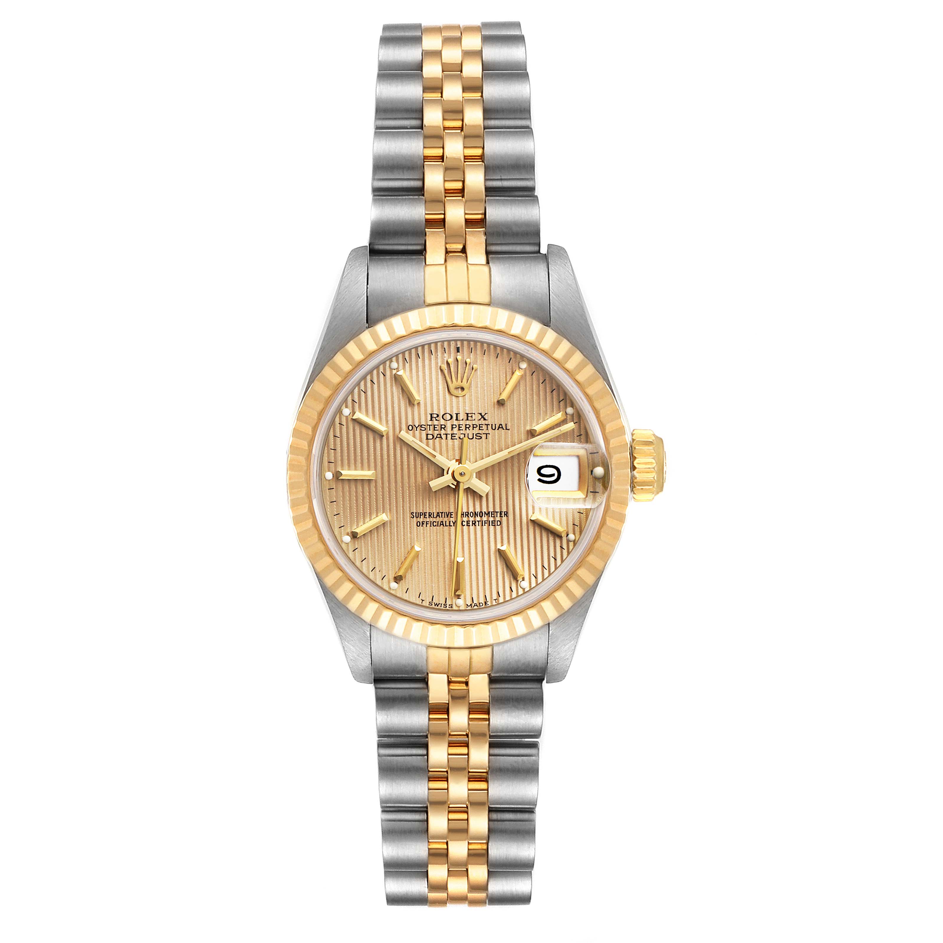 The image shows a frontal view of a Rolex Datejust 69173 Women
s Steel and Gold (two tone) Champagne Dial 69173 Women
s Steel and Gold (two tone) Champagne Dial watch, featuring a two-tone bracelet, fluted bezel, and date display.