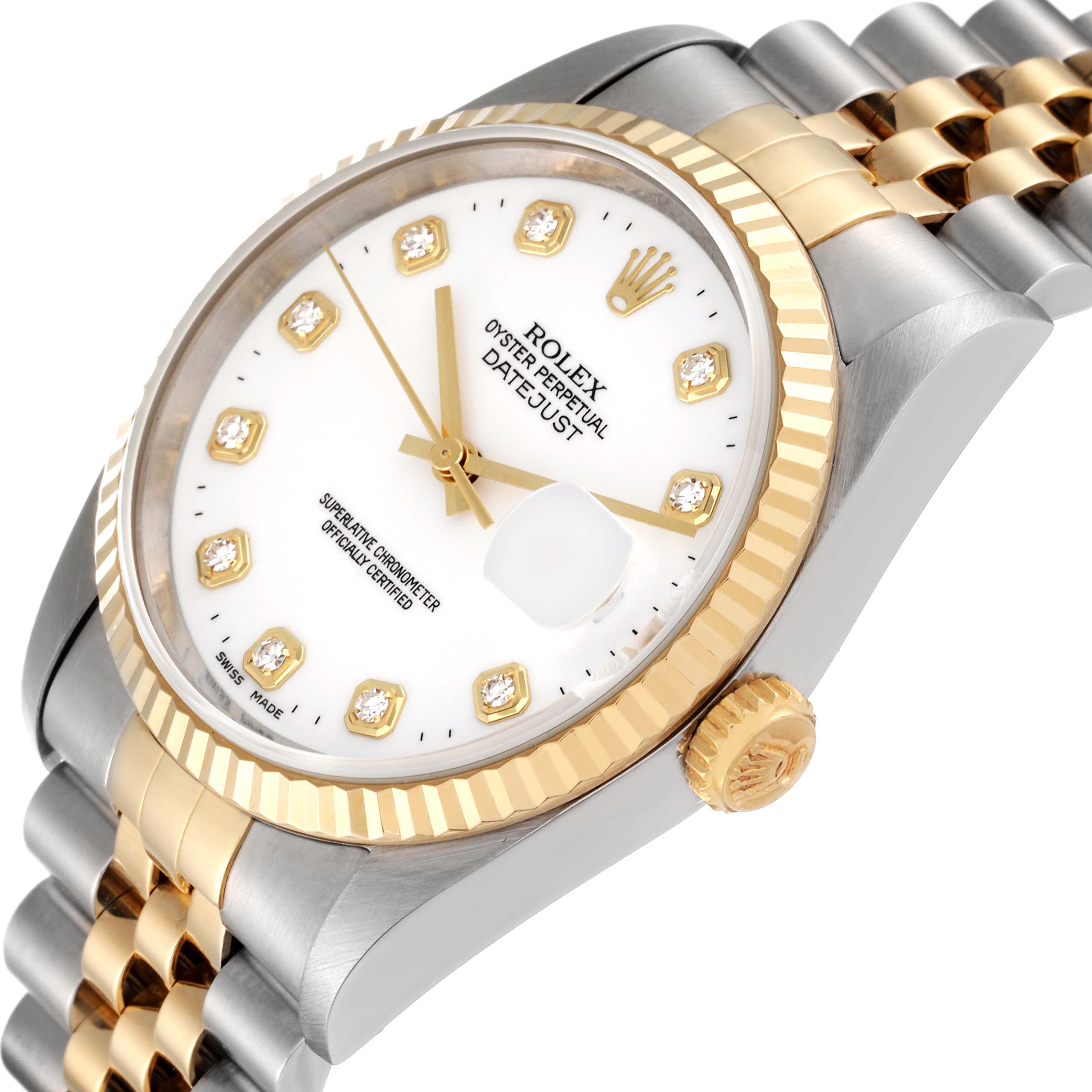 This Rolex Datejust 16233 Men's Steel and Gold (two tone) White Dial 16233 Men's Steel and Gold (two tone) White Dial watch is shown at an angled view, highlighting the white dial, gold crown, fluted bezel, and two-tone bracelet.